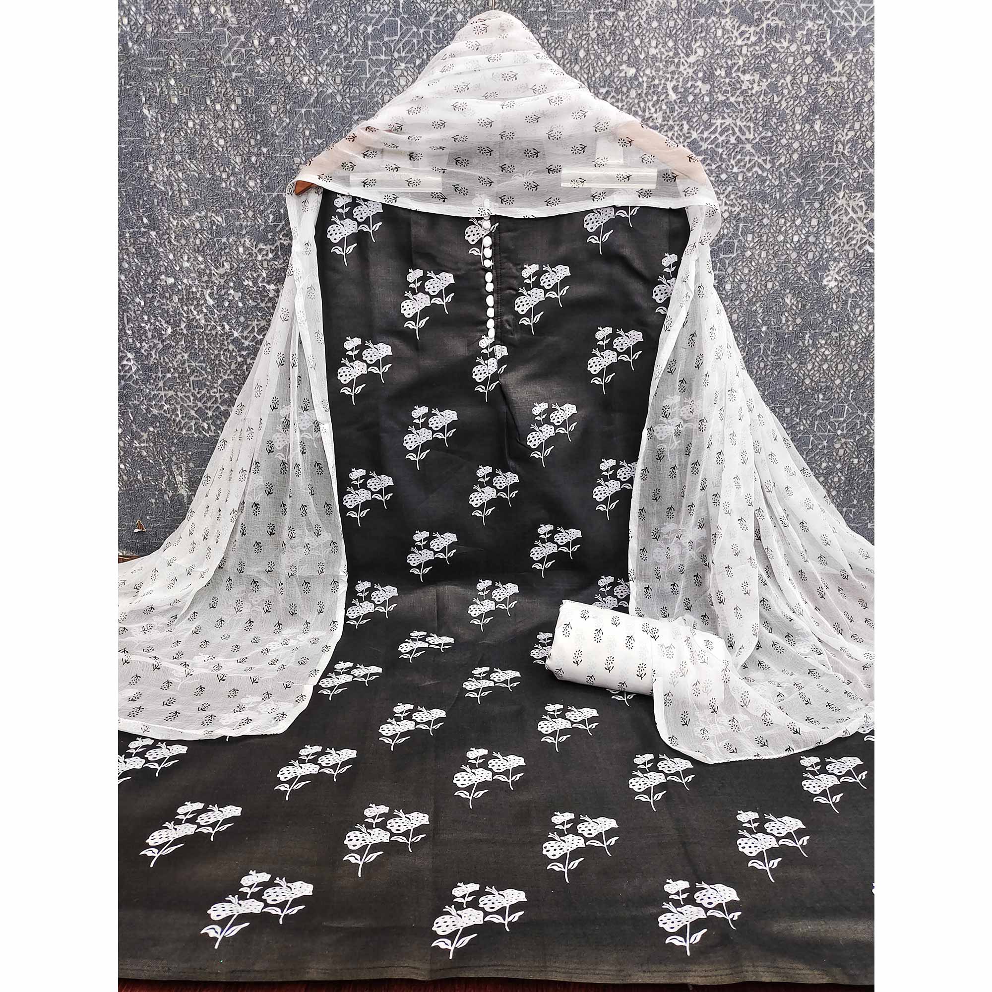 Black Cotton Blend Fabric Featuring Subtle and Elegant Floral Prints