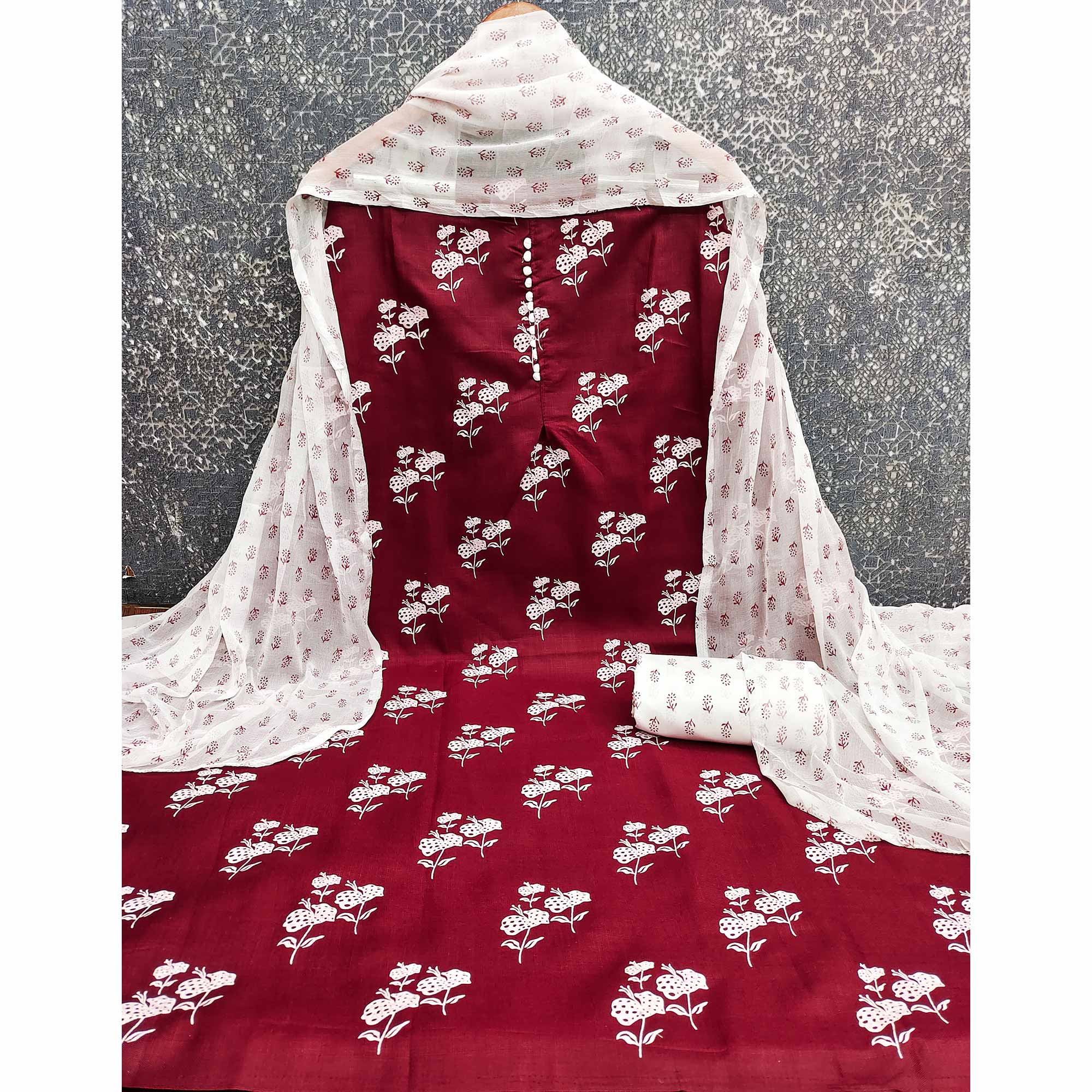 Maroon Cotton Blend Fabric Featuring Subtle and Elegant Floral Prints