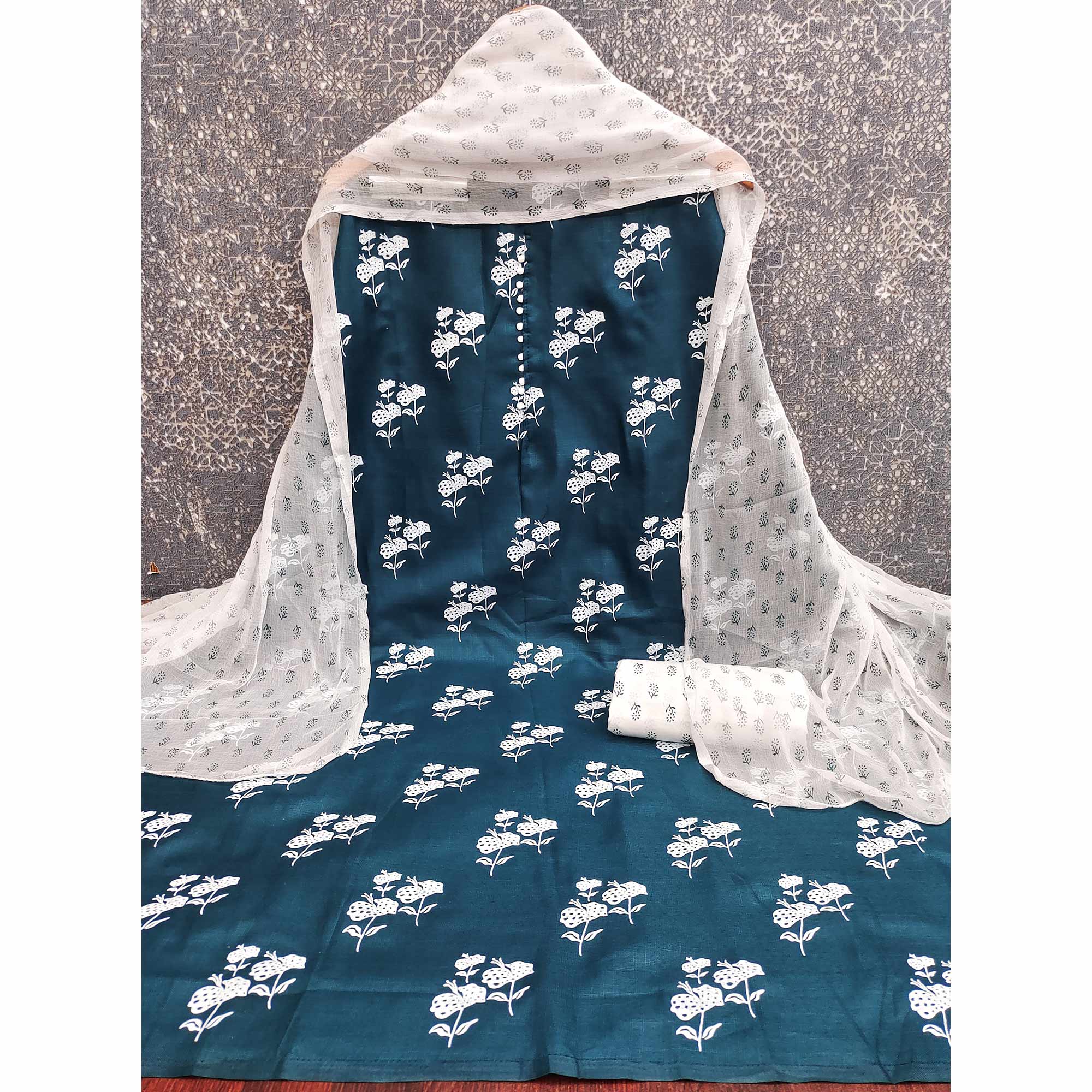Teal Cotton Blend Fabric Featuring Subtle and Elegant Floral Prints