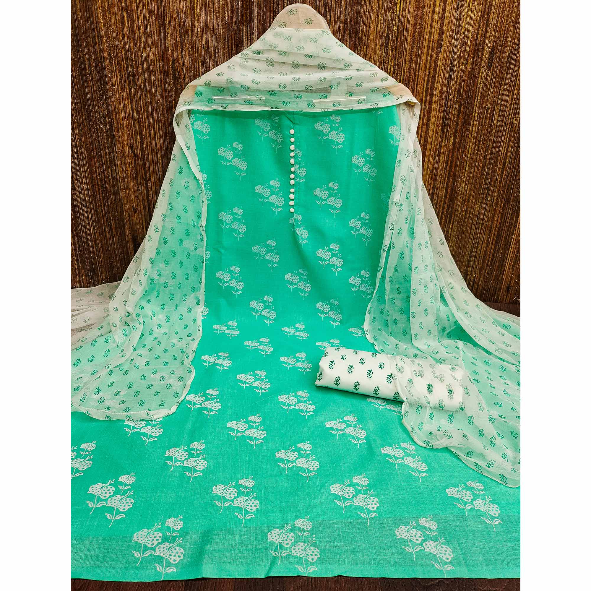 Turquoise Cotton Blend Floral Printed Dress Material