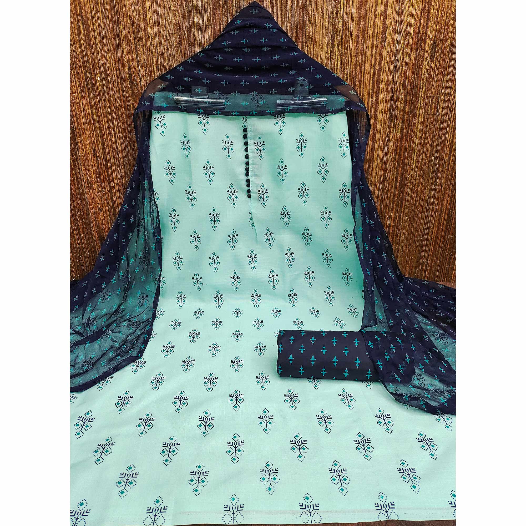 Blue Floral Printed Cotton Blend Dress Material