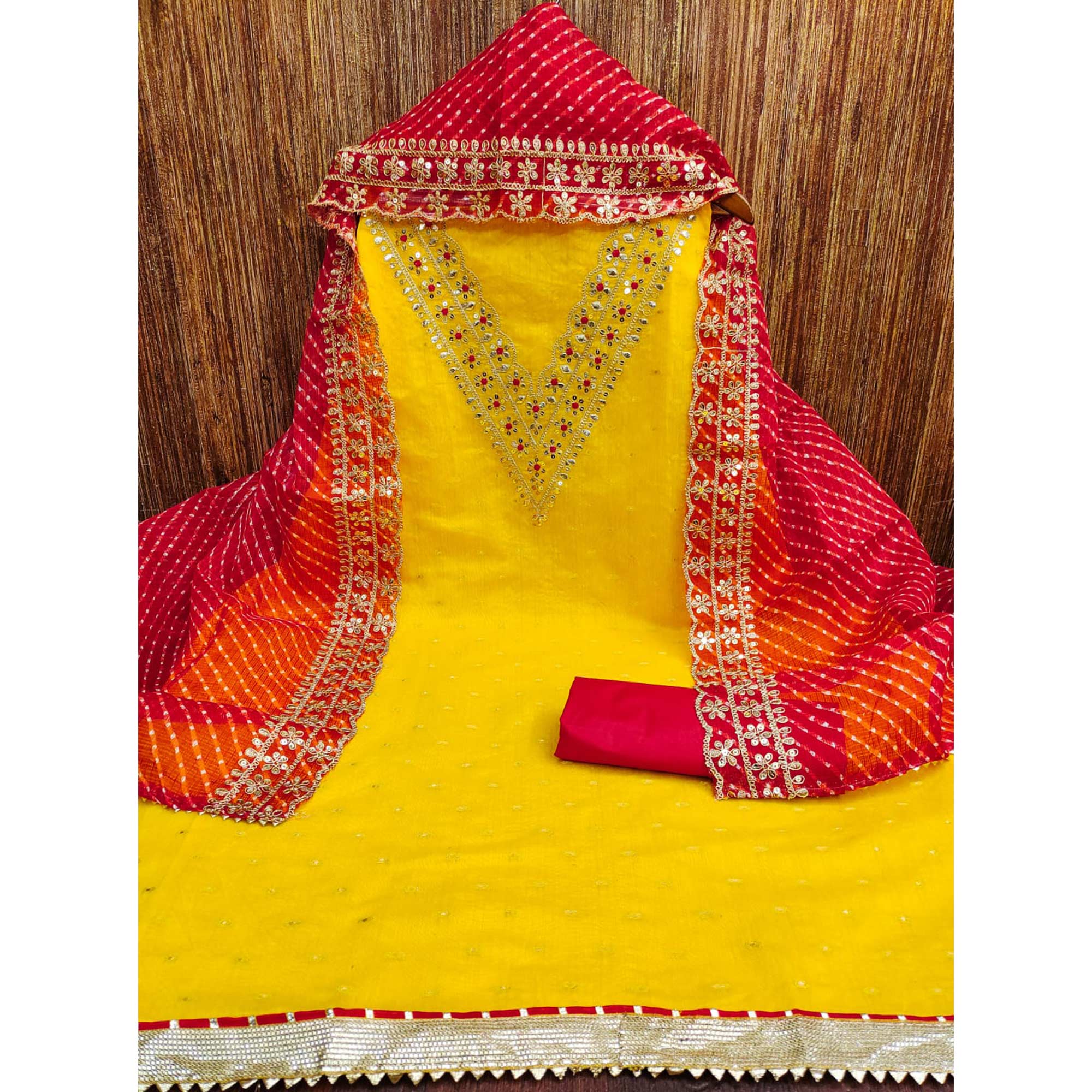 Yellow Woven With Sequins Embroidered Chanderi Dress Material