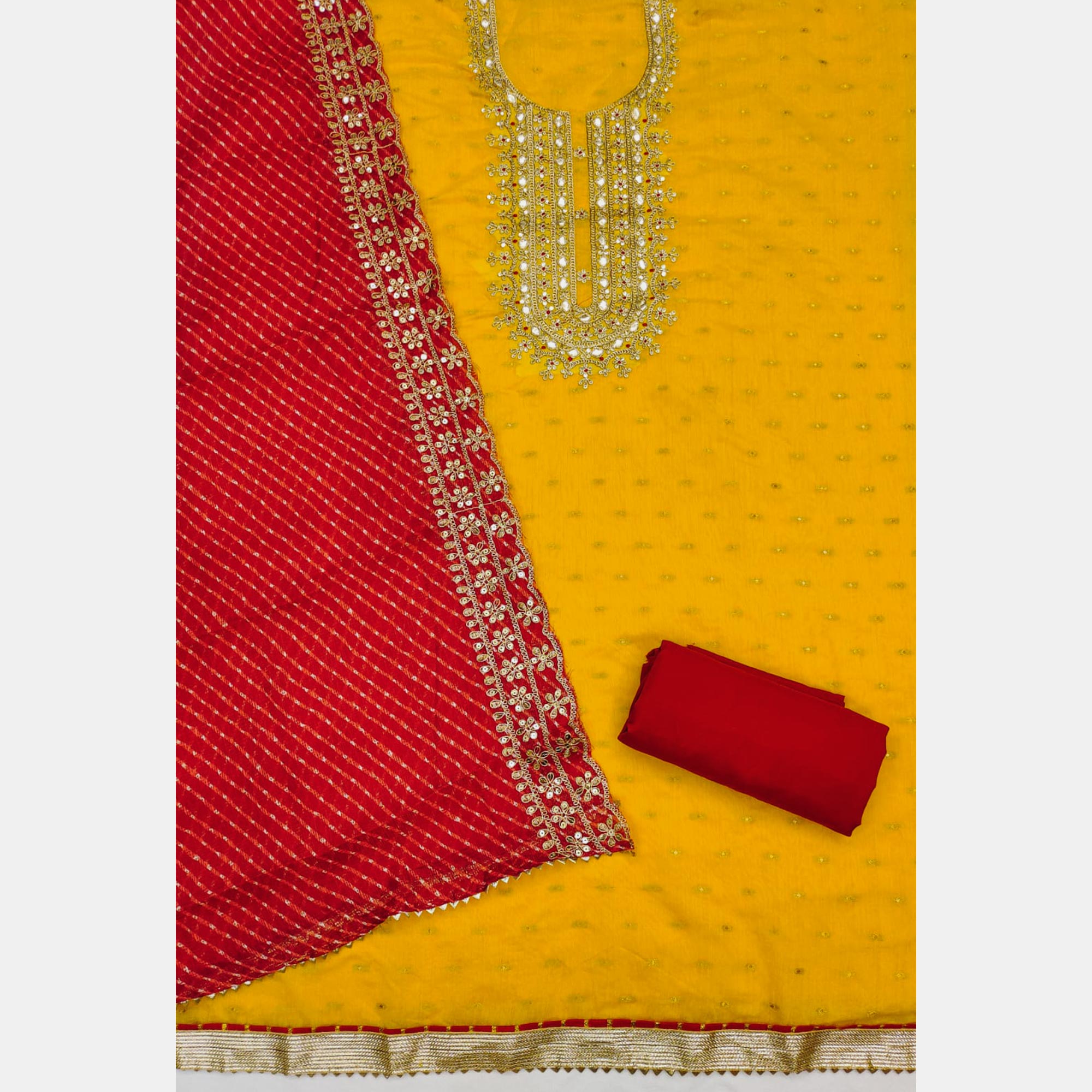 Yellow Woven With Sequins Embroidered Chanderi Dress Material