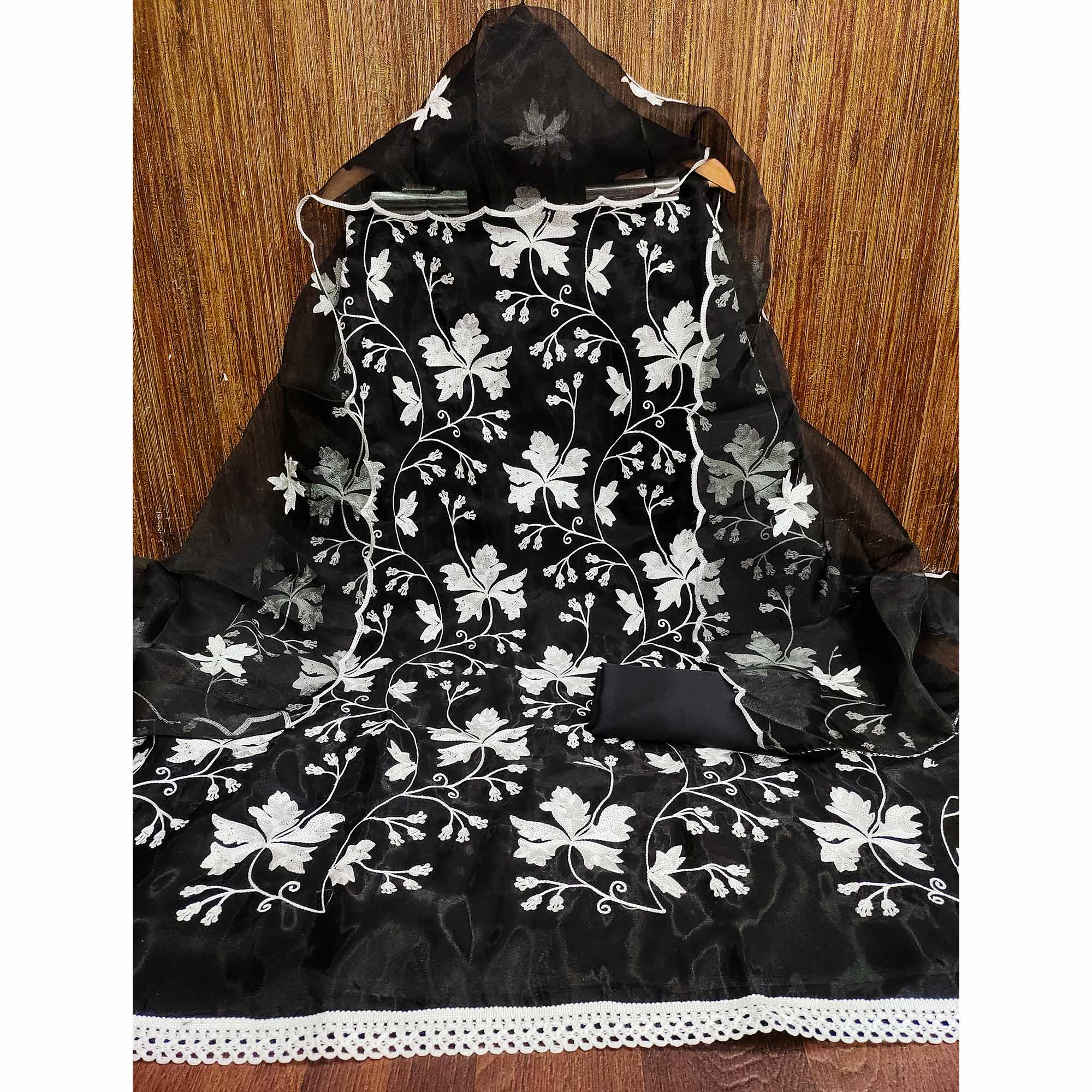 Black Floral Embroidered Organza Dress Material