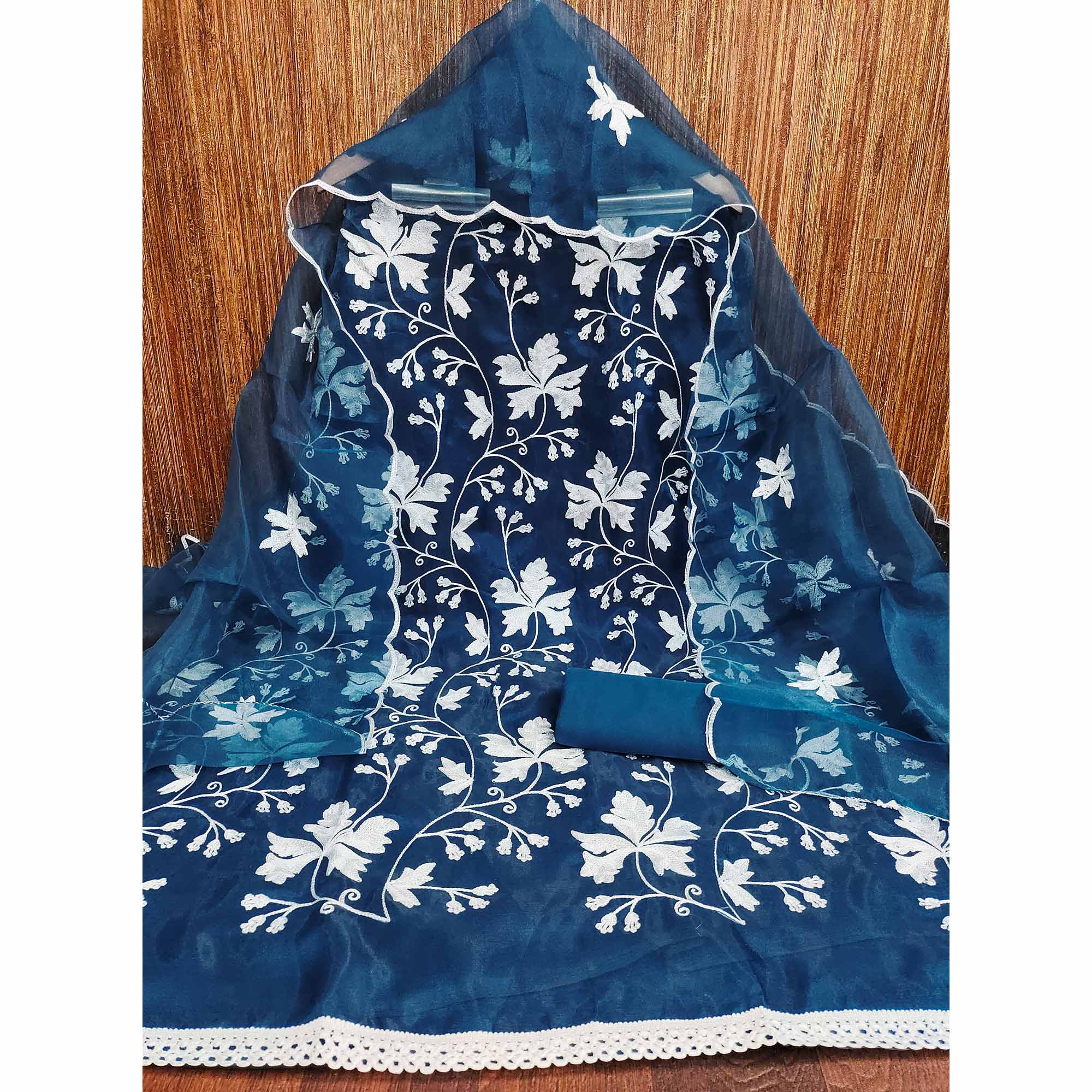 Blue Floral Embroidered Organza Dress Material