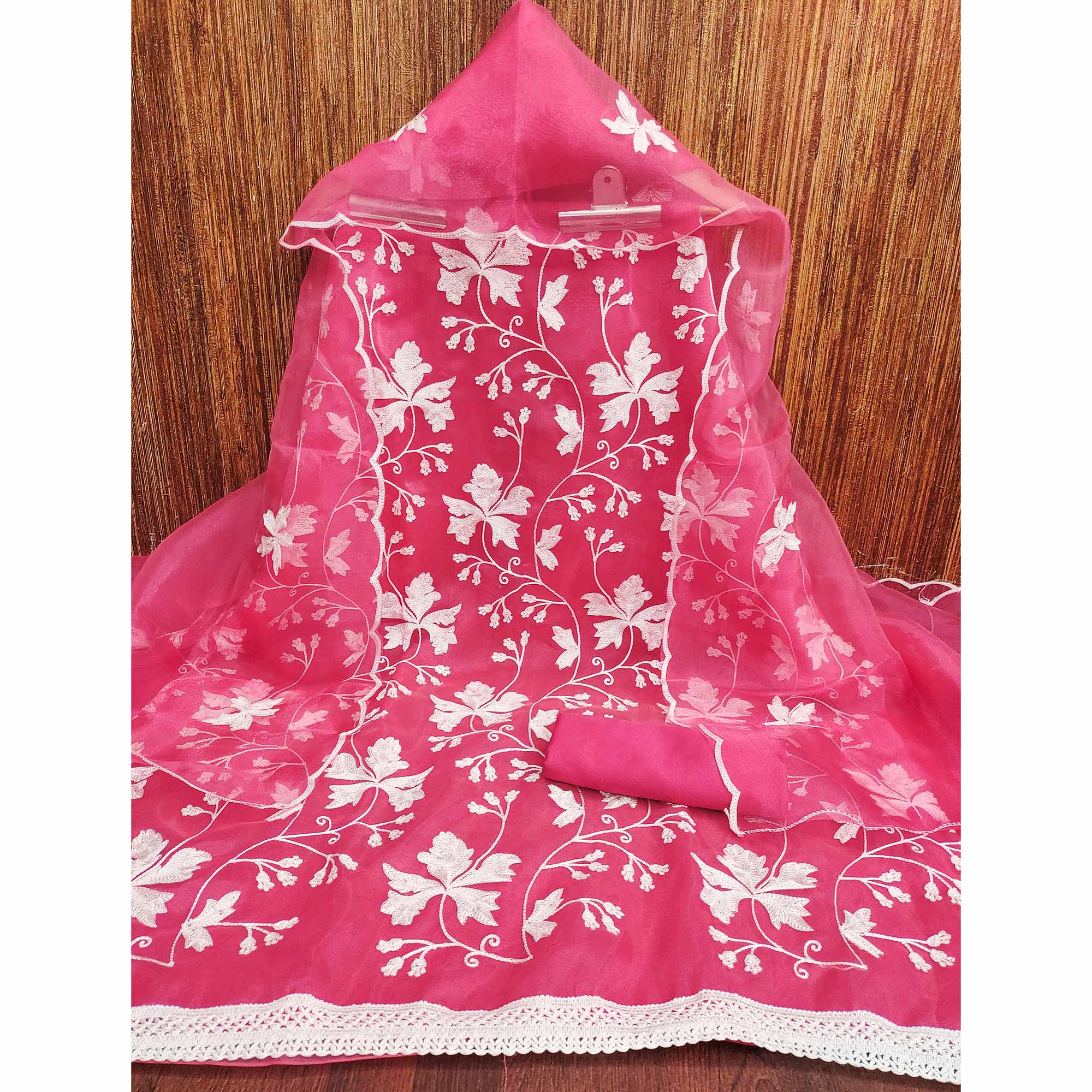 Gajari Pink Floral Embroidered Organza Dress Material