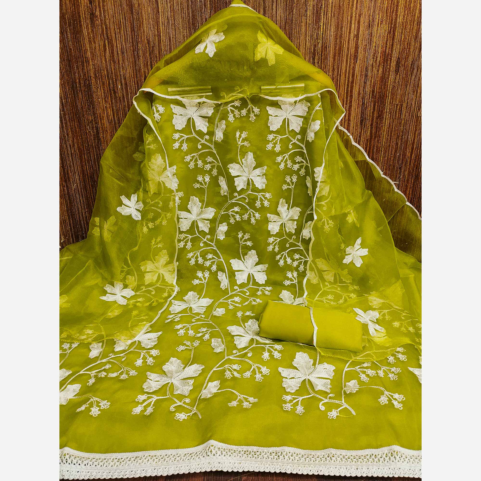 Green Floral Embroidered Organza Dress Material