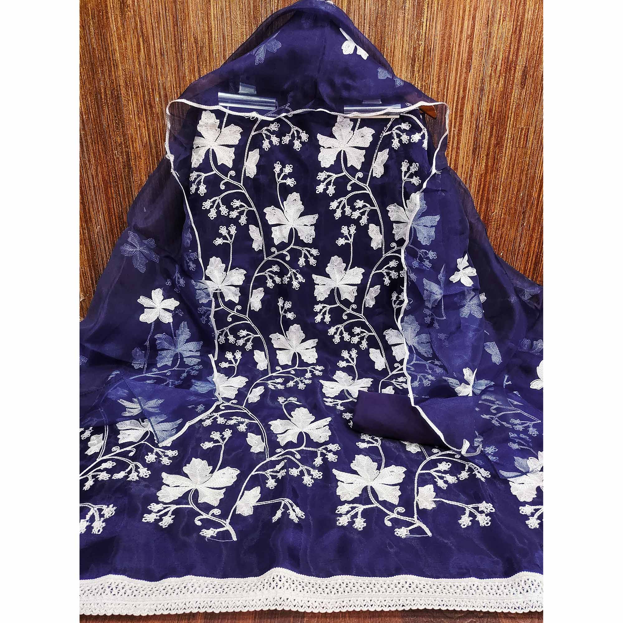 Navy Blue Floral Embroidered Organza Dress Material