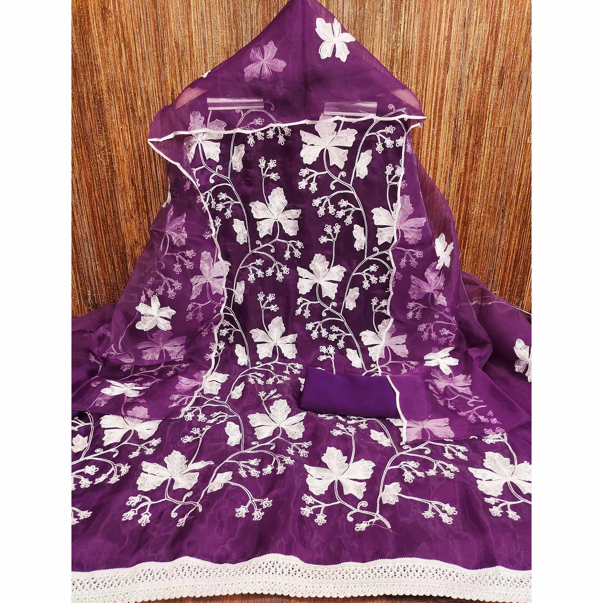 Purple Floral Embroidered Organza Dress Material