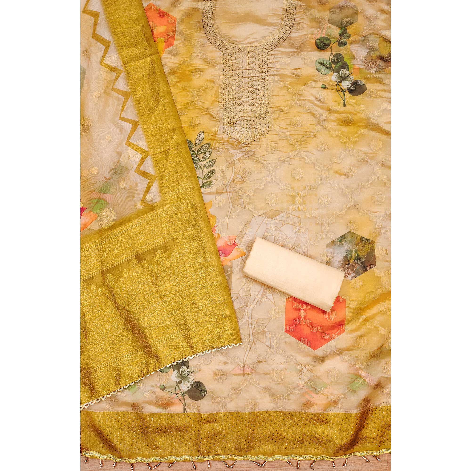 Mustard Woven Work Organza Dress Material