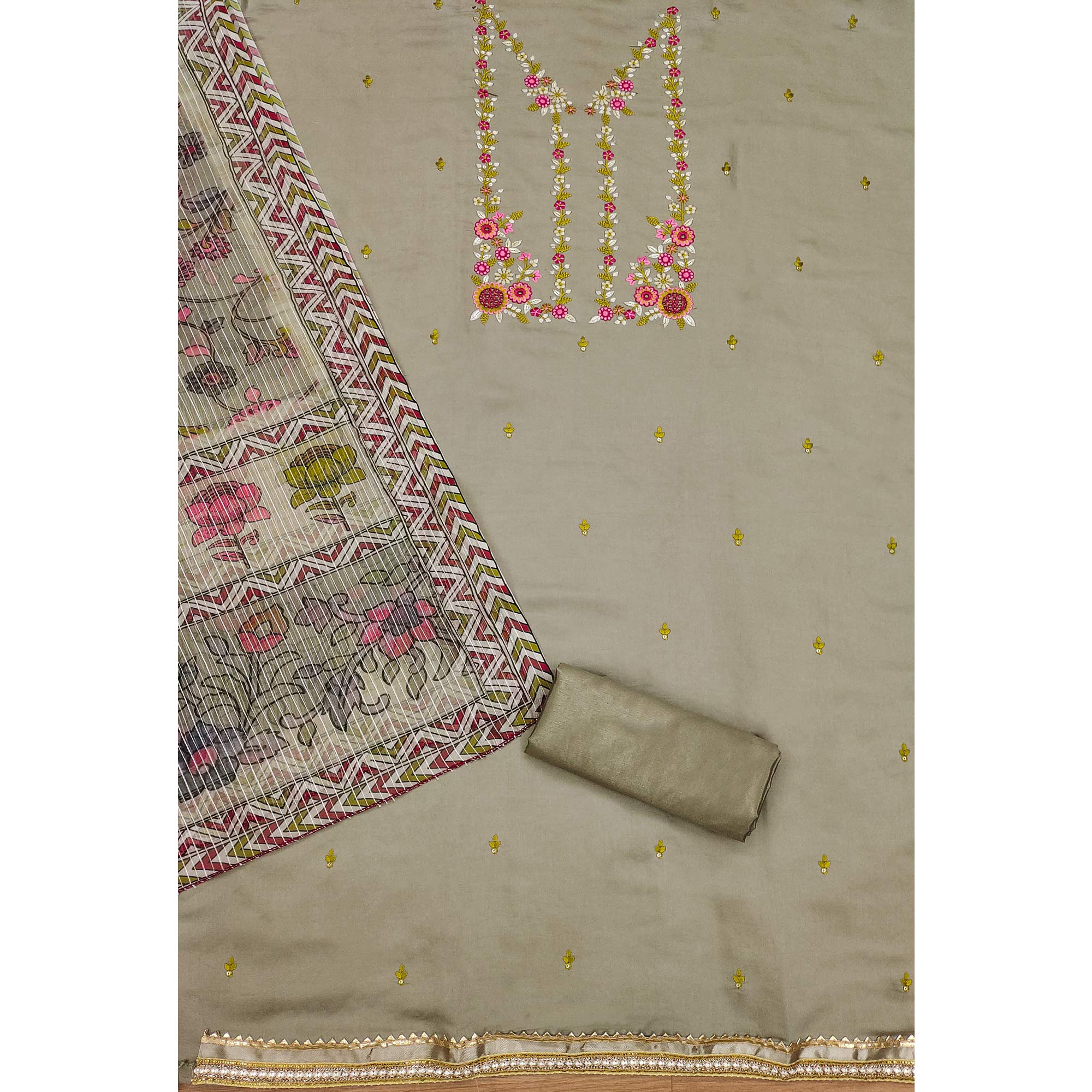 Grey Floral Embroidered Chanderi Silk Dress Material