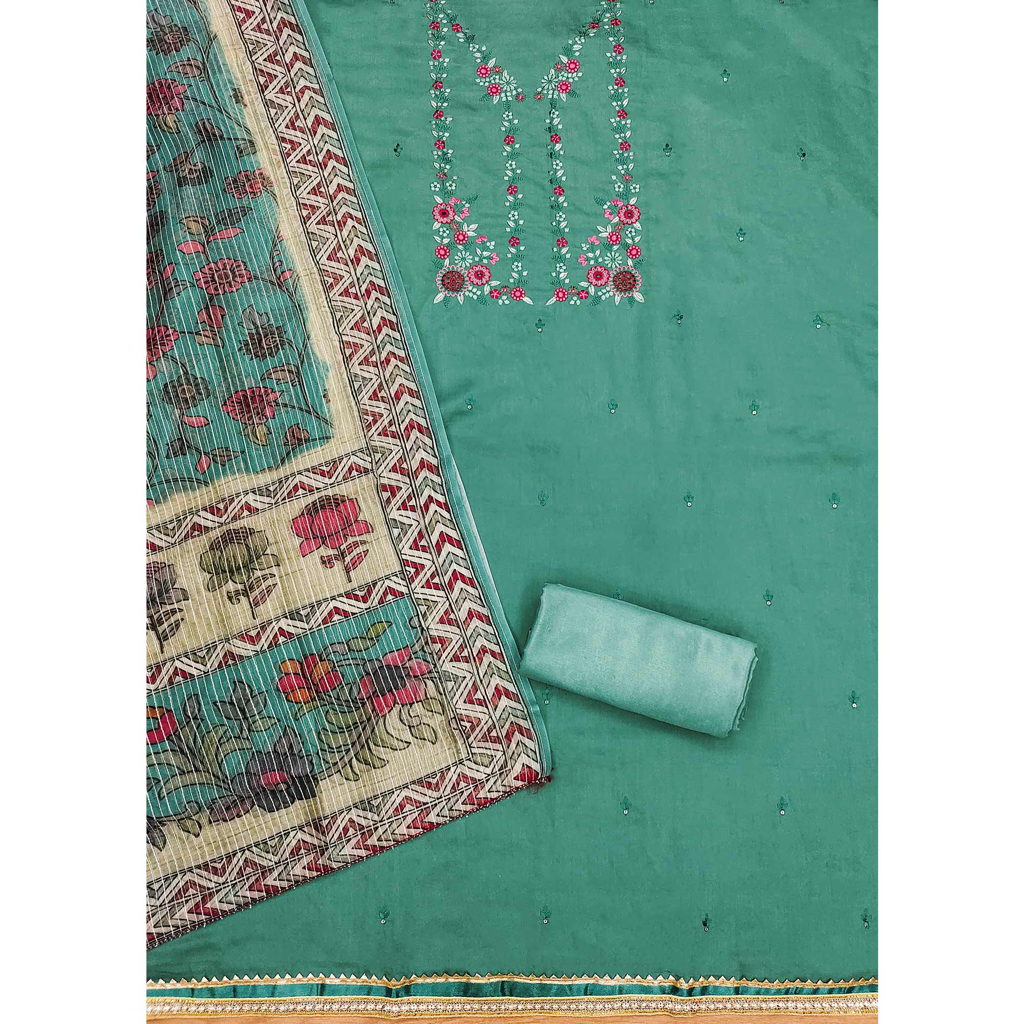 Turquoise Floral Embroidered Chanderi Silk Dress Material