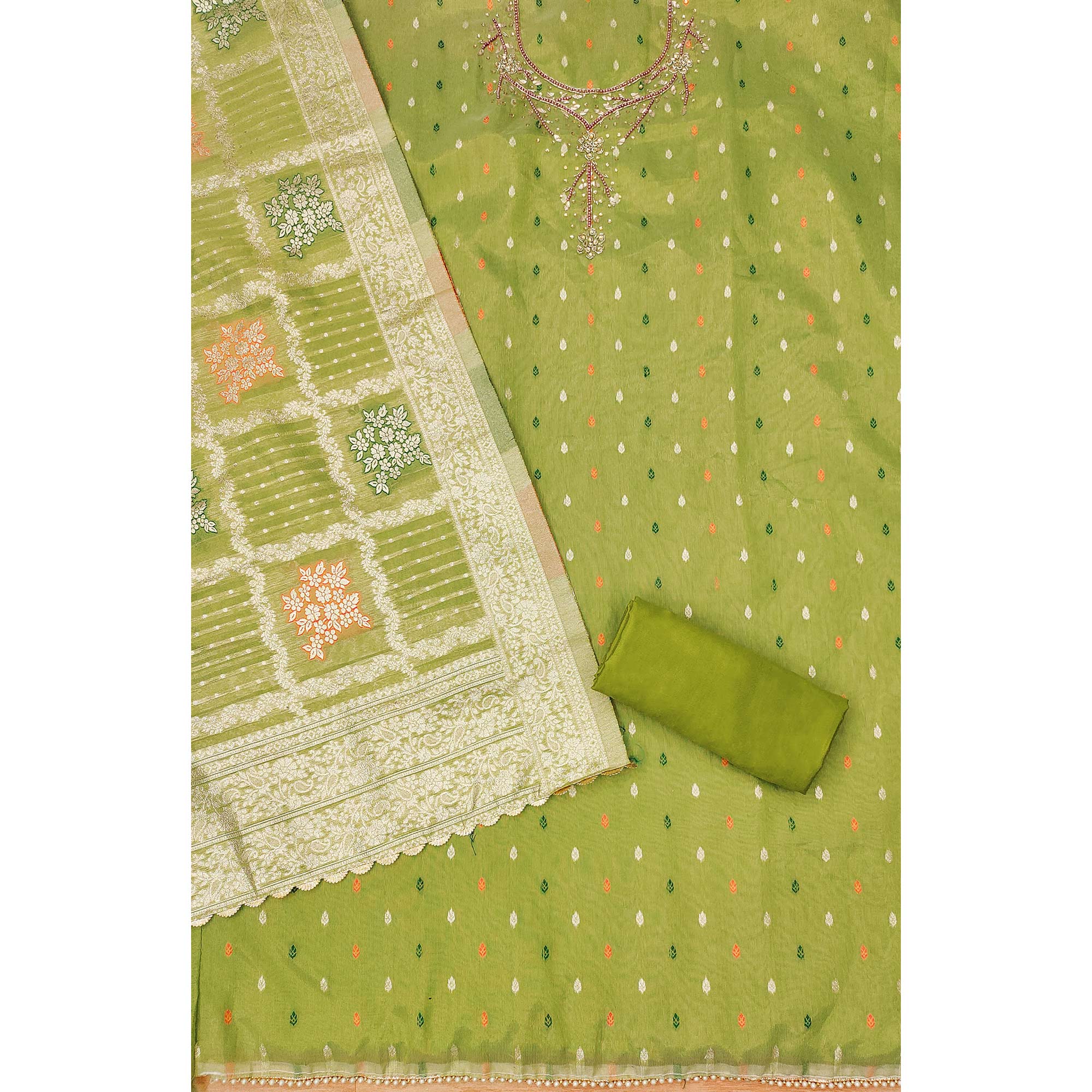 Green Woven With Handwork Simmer Jacquard Dress Material