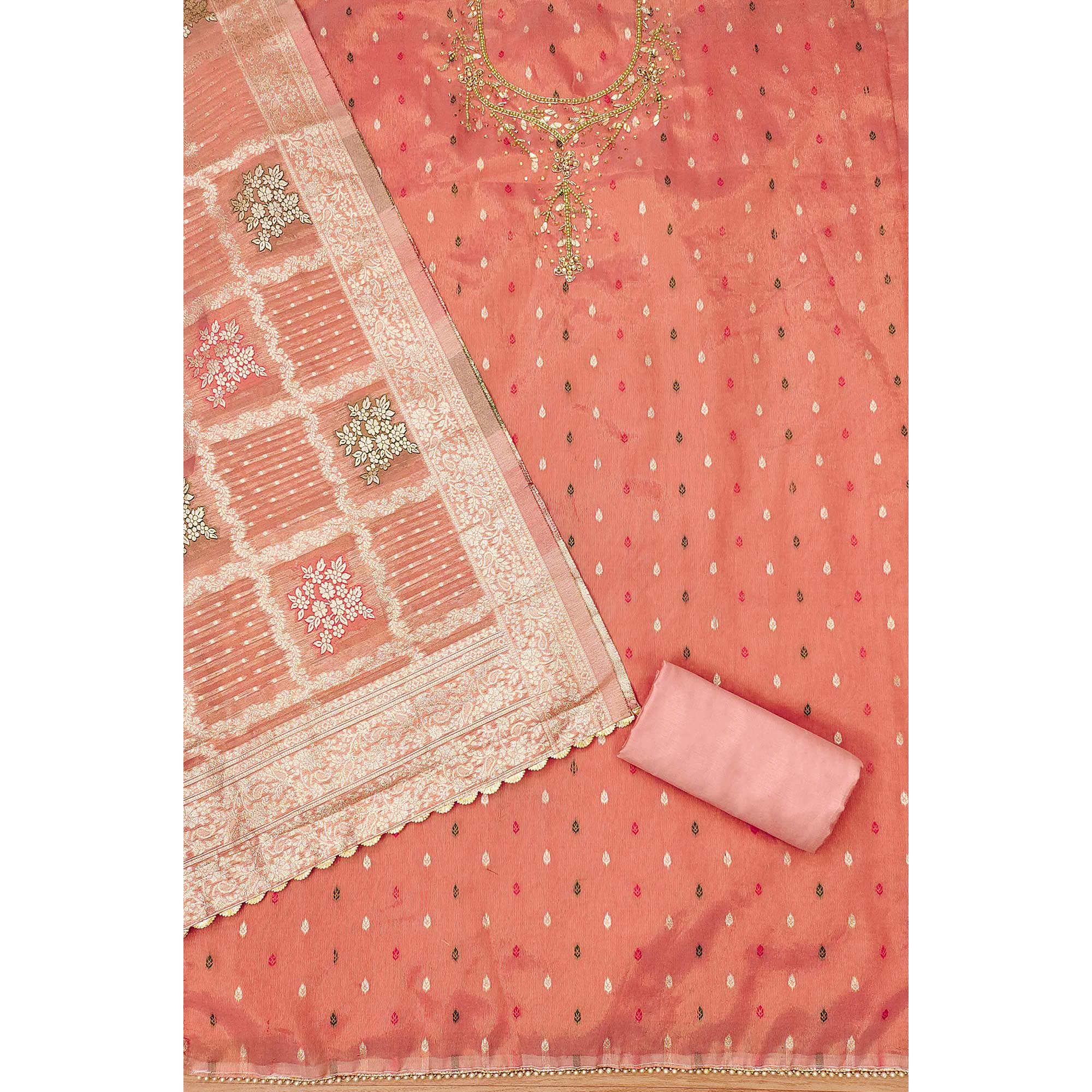 Peach Woven With Handwork Simmer Jacquard Dress Material