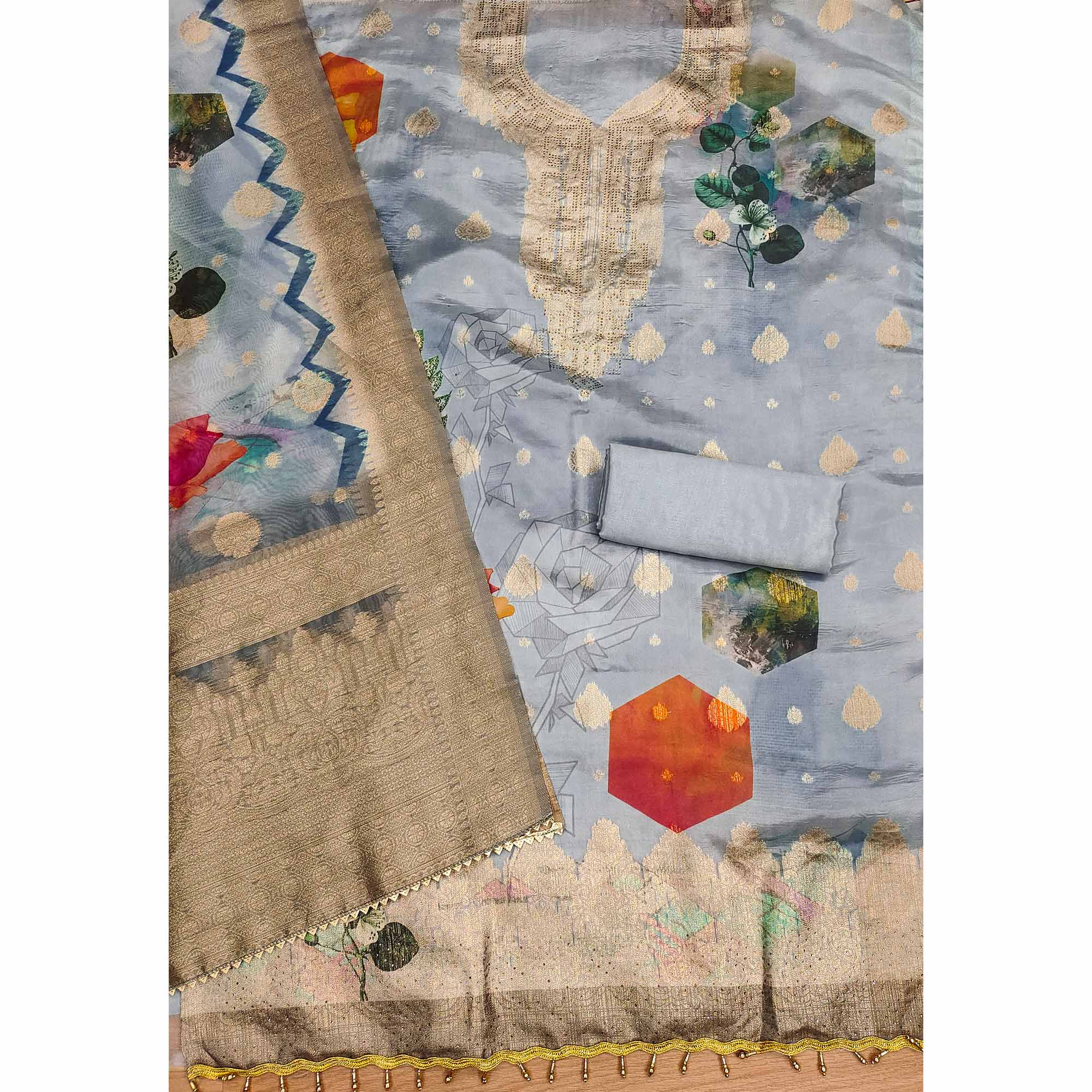 Grey Woven With Digital Printed & Swarovski Organza Dress Material