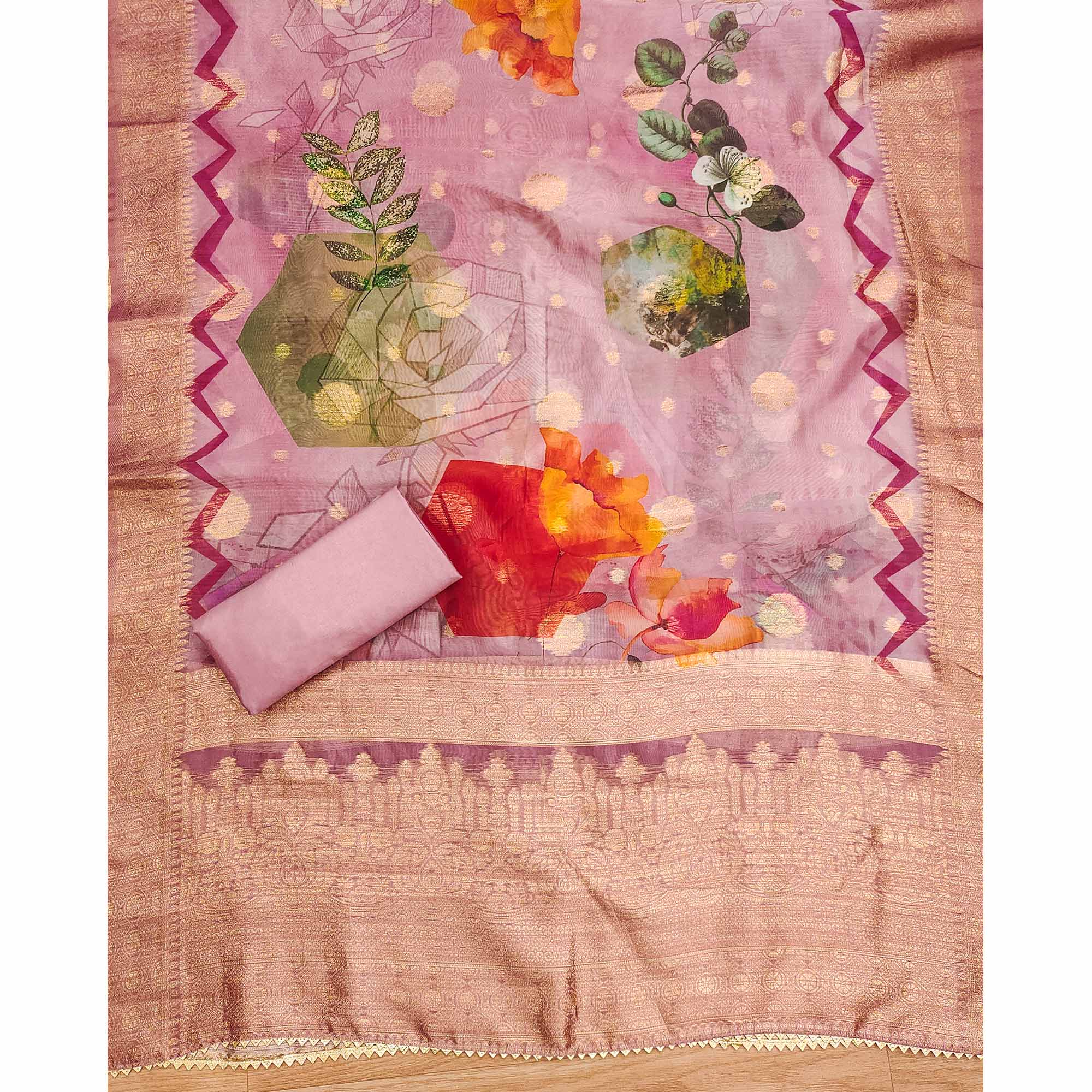 Pink Woven With Digital Printed & Swarovski Organza Dress Material