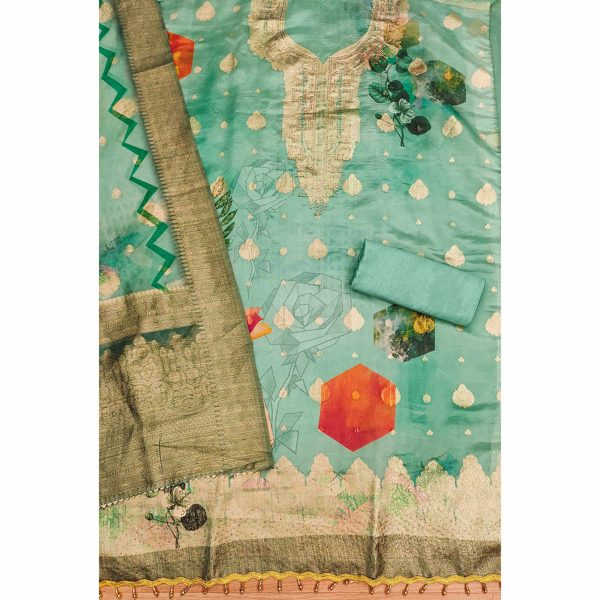 Sea Green Woven With Digital Printed & Swarovski Organza Dress Material