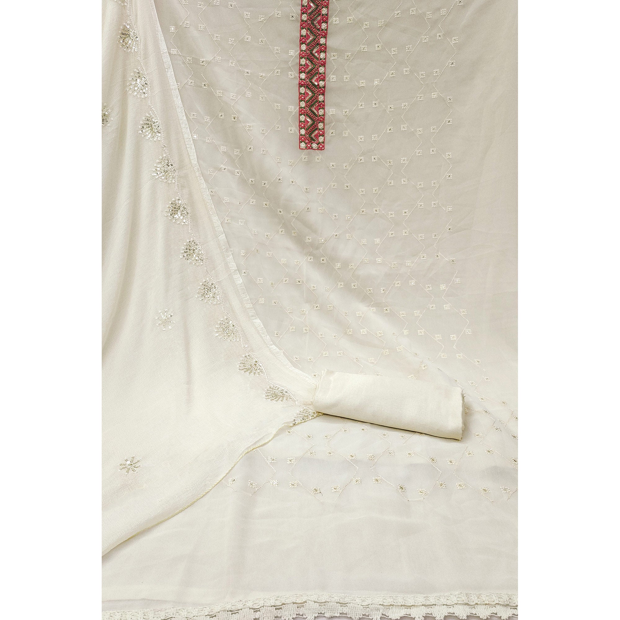 Off White Sequins Embroidered Georgette Dress Material