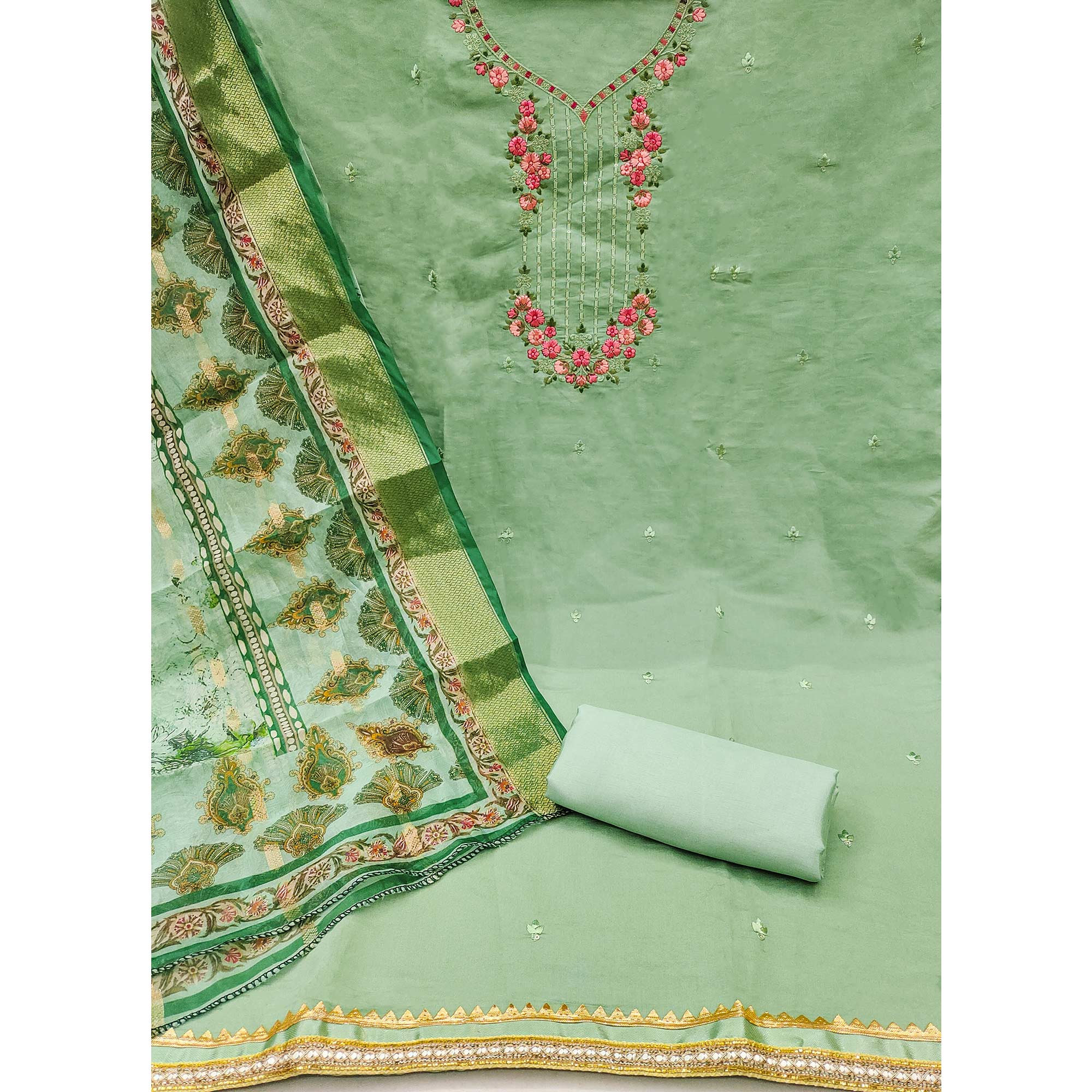 Green Floral Sequins Embroidered Chanderi Silk Dress Material