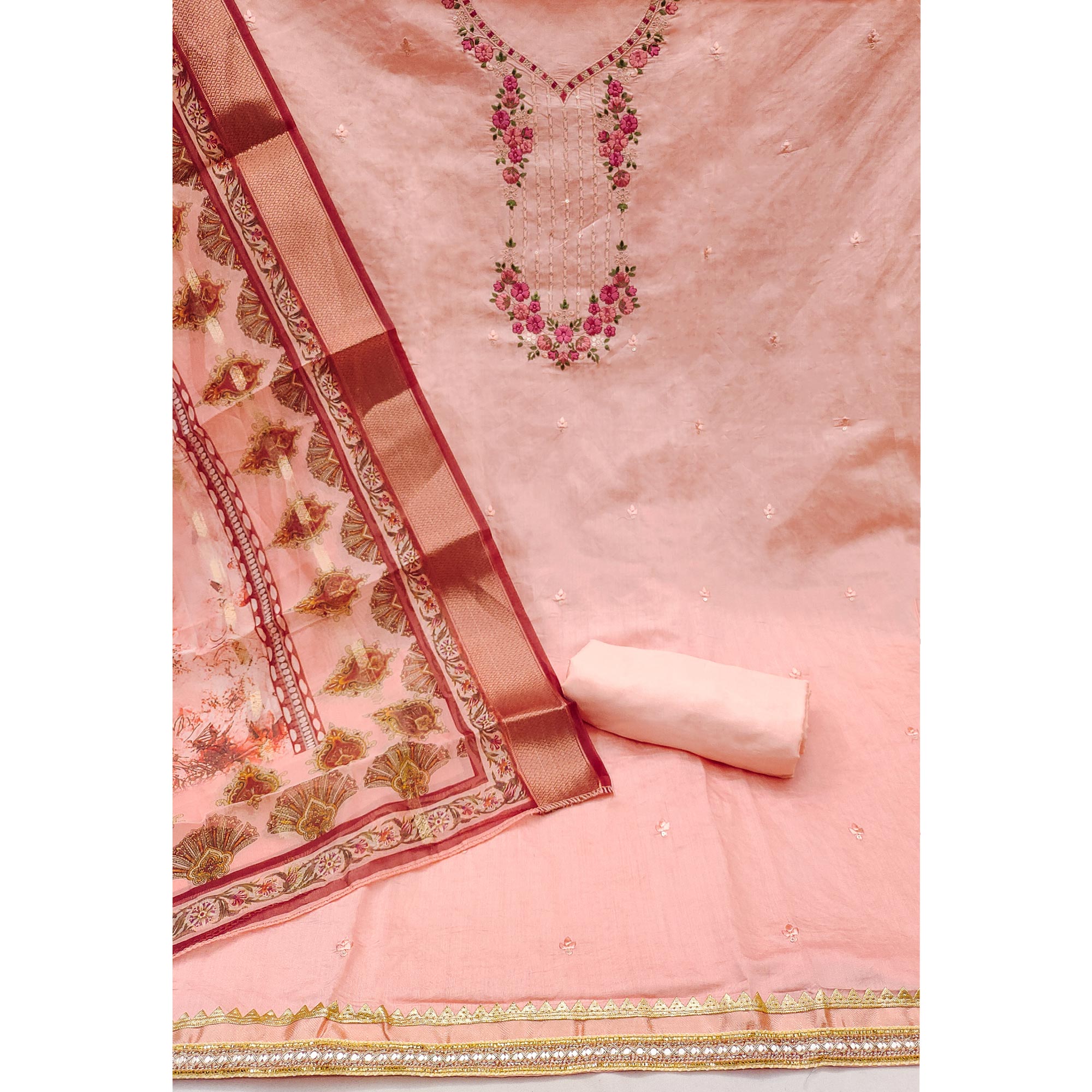 Peach Floral Sequins Embroidered Chanderi Silk Dress Material