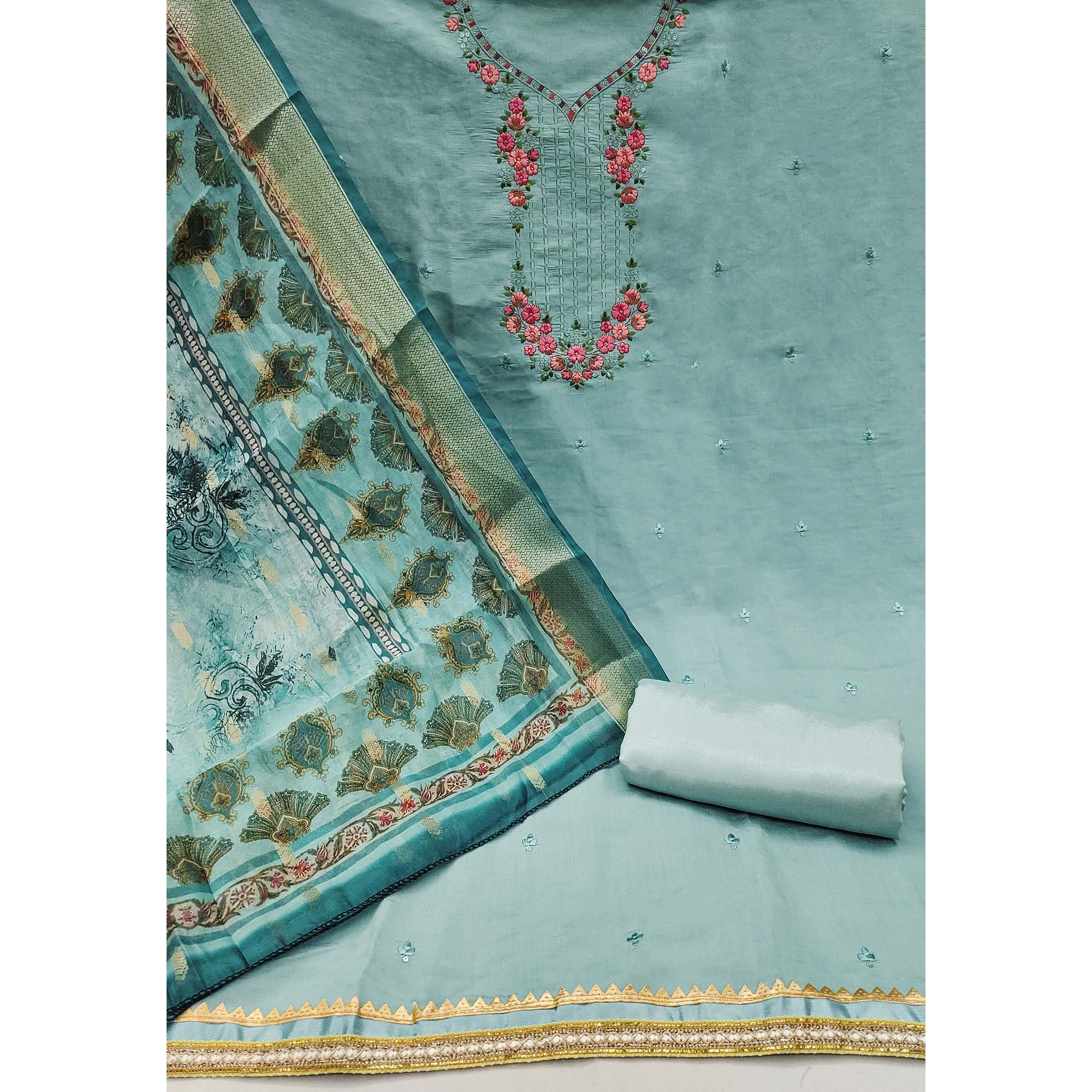 Sky Blue Floral Sequins Embroidered Chanderi Silk Dress Material