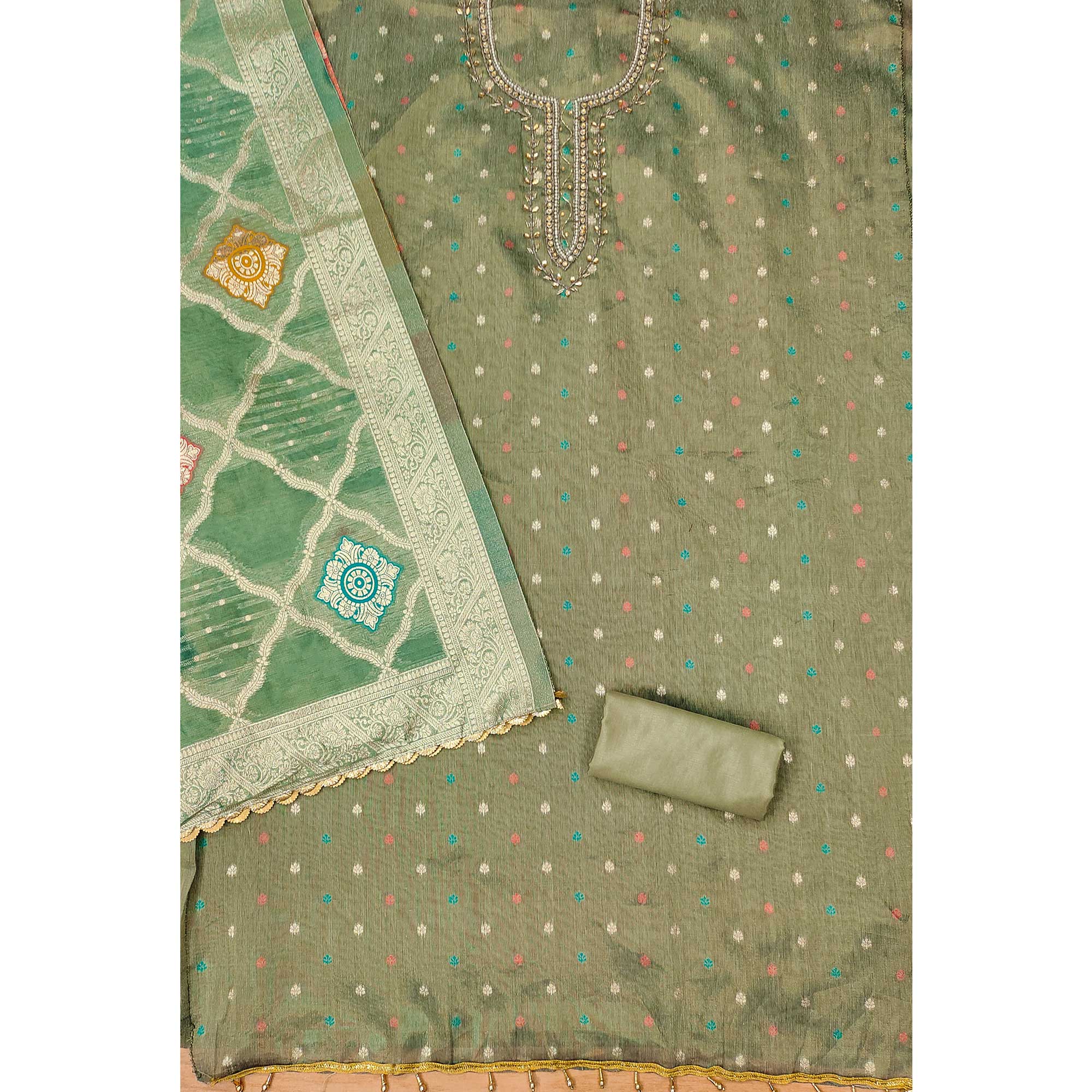 Green Woven With Handwork Simmer Jacquard Dress Material