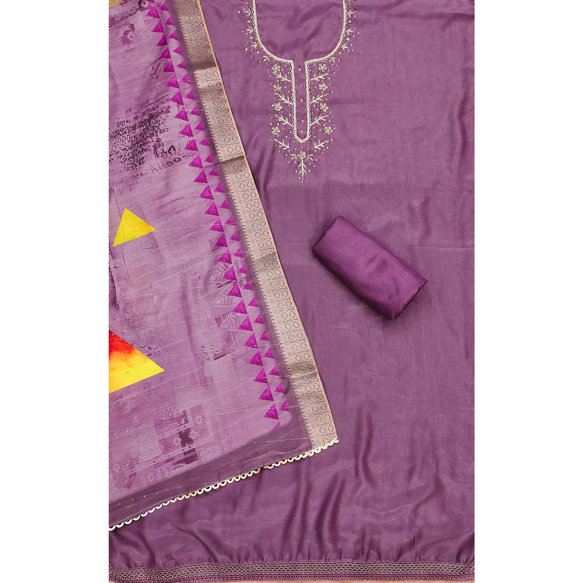 Purple Handwork Simmer Jacquard Dress Material