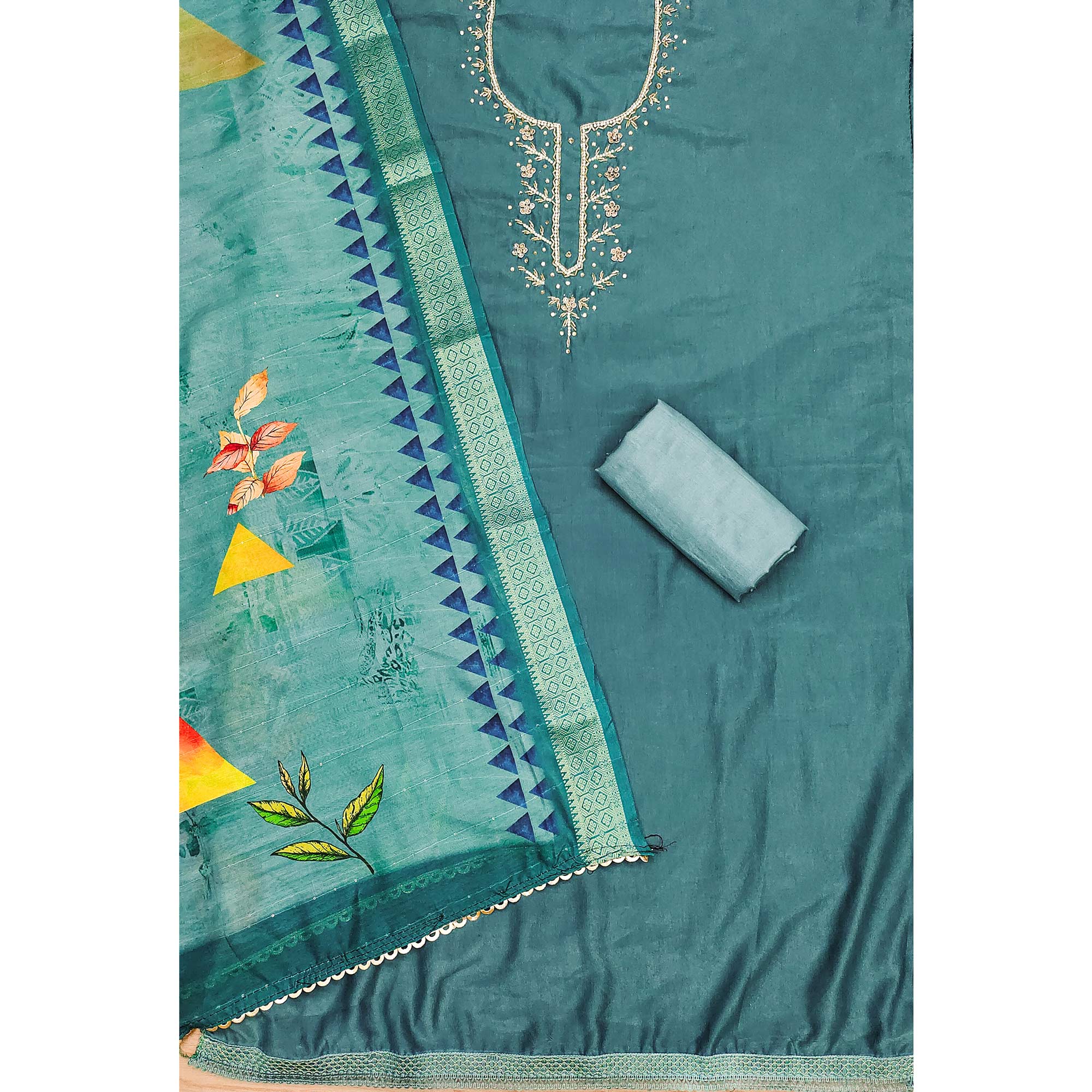 Rama Green Handwork Simmer Jacquard Dress Material