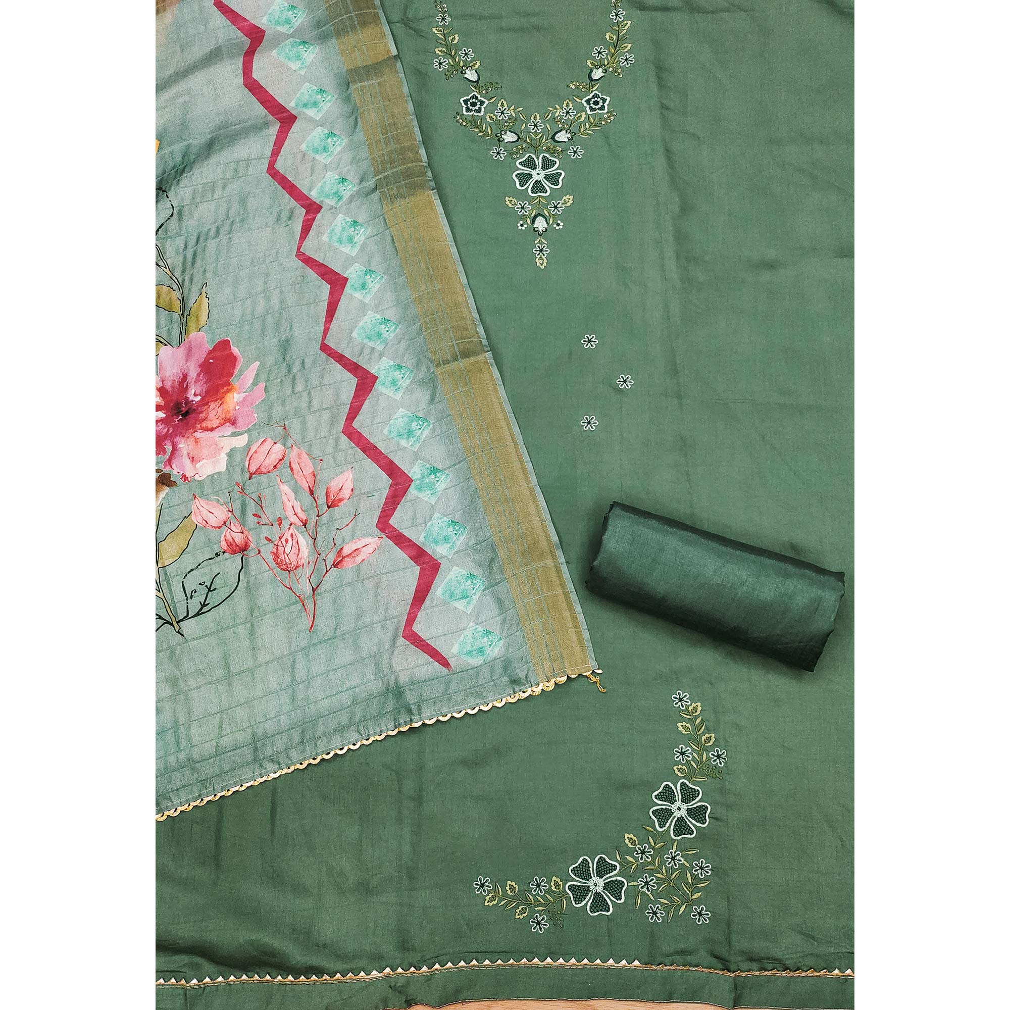 Green Embroidered Chanderi Silk Dress Material