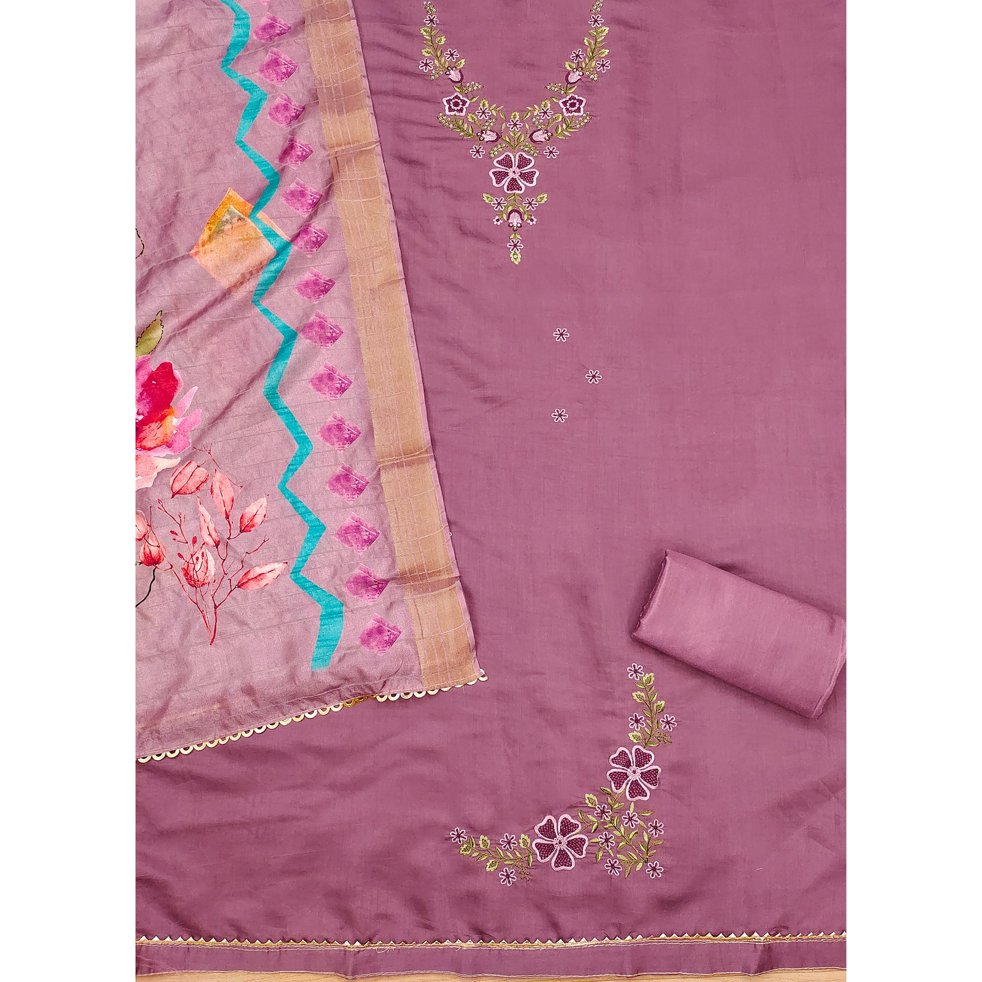 Onion Pink Embroidered Chanderi Silk Dress Material