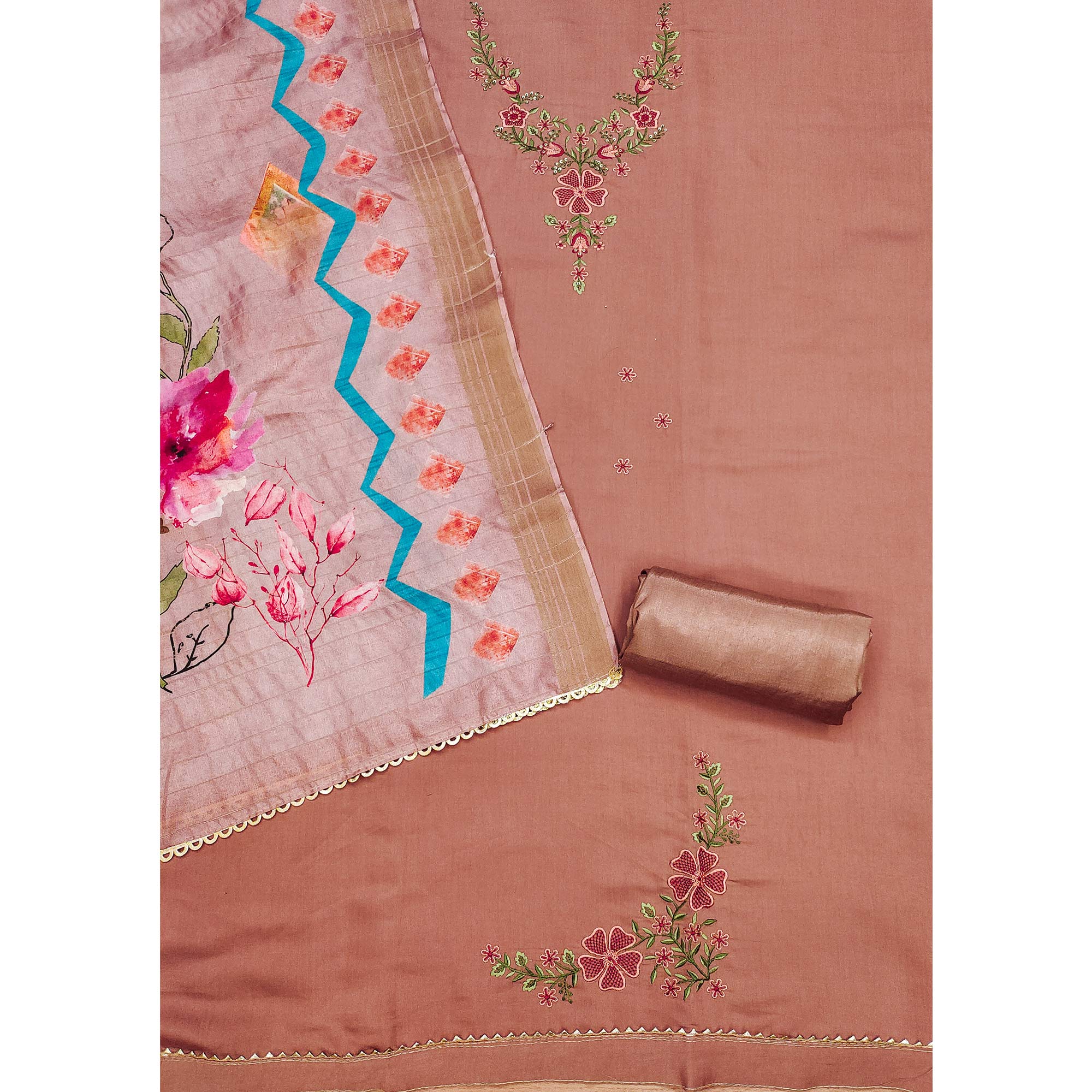 Peach Embroidered Chanderi Silk Dress Material