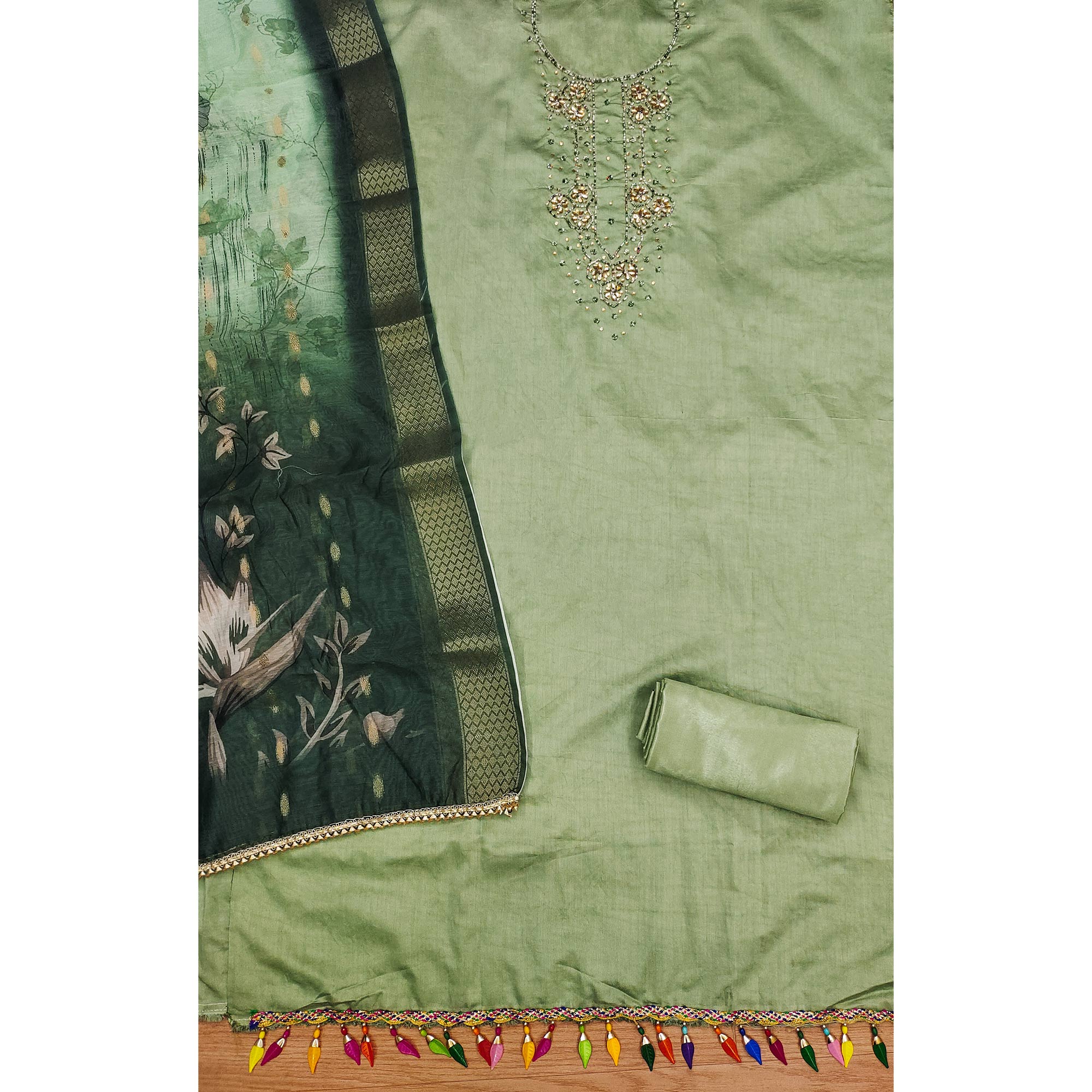 Green Floral Handwork Cotton Silk Dress Material