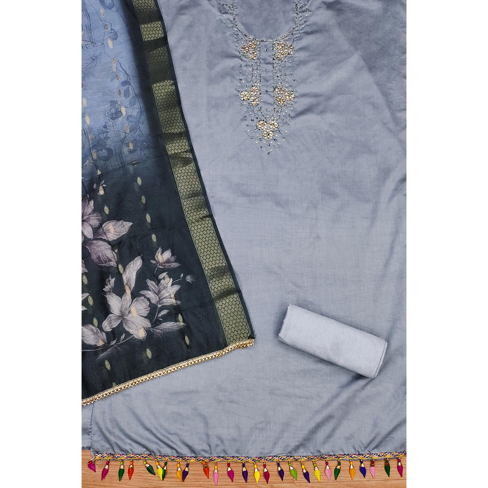 Grey Floral Handwork Cotton Silk Dress Material