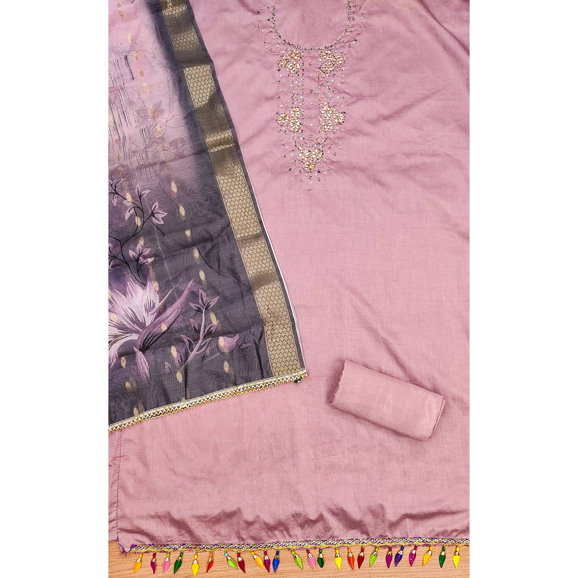 Onion Pink Floral Handwork Cotton Silk Dress Material