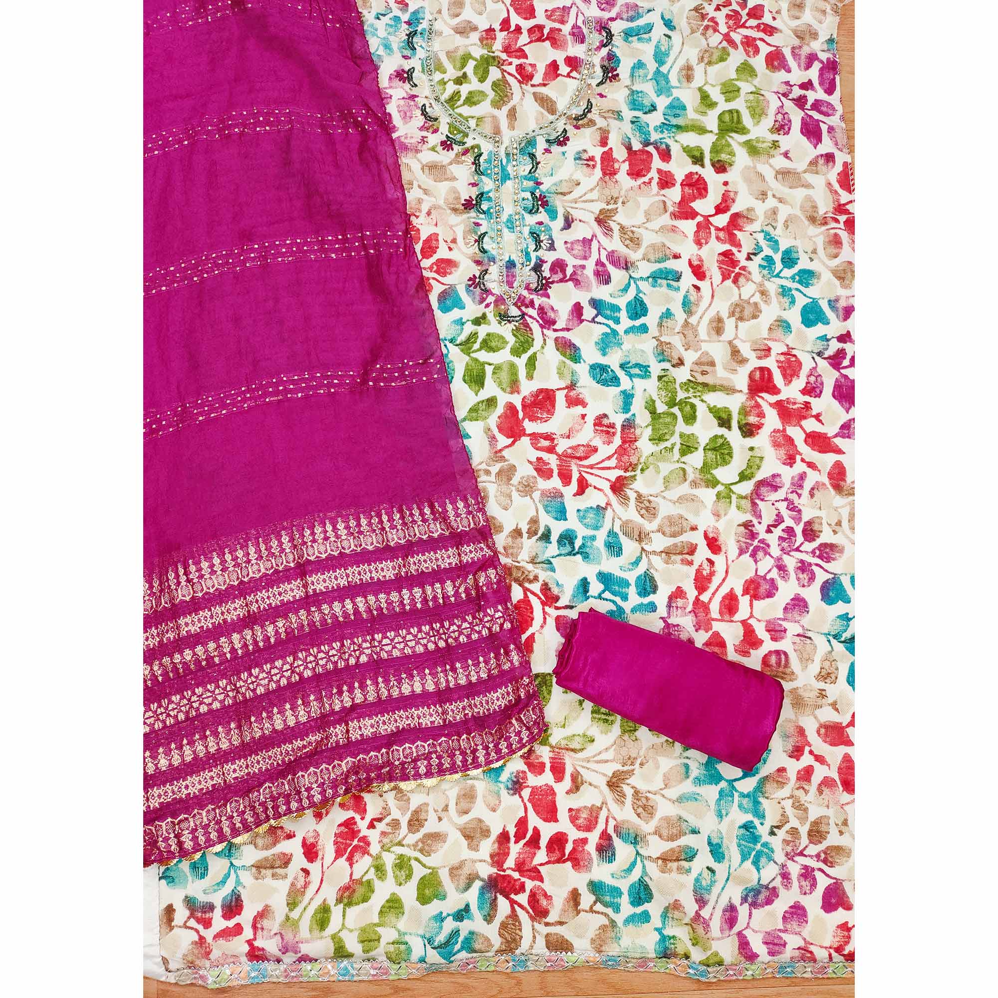 Rani Pink Floral Foil Printed With Handwork Modal Cotton Silk Dress Material