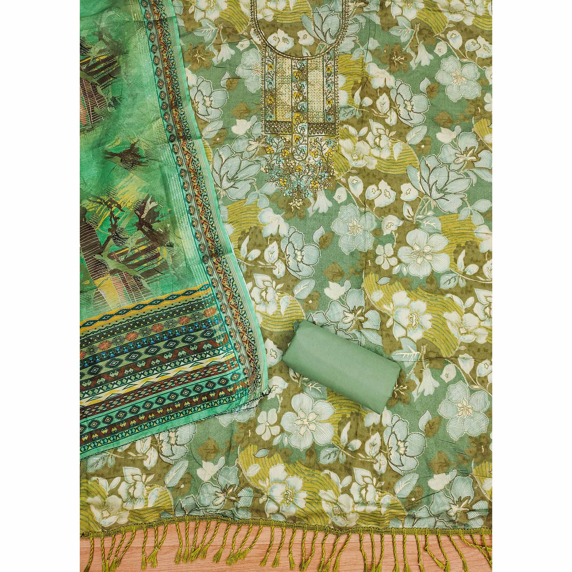 Green Floral Foil Printed With Embroidery Modal Cotton Silk Dress Material