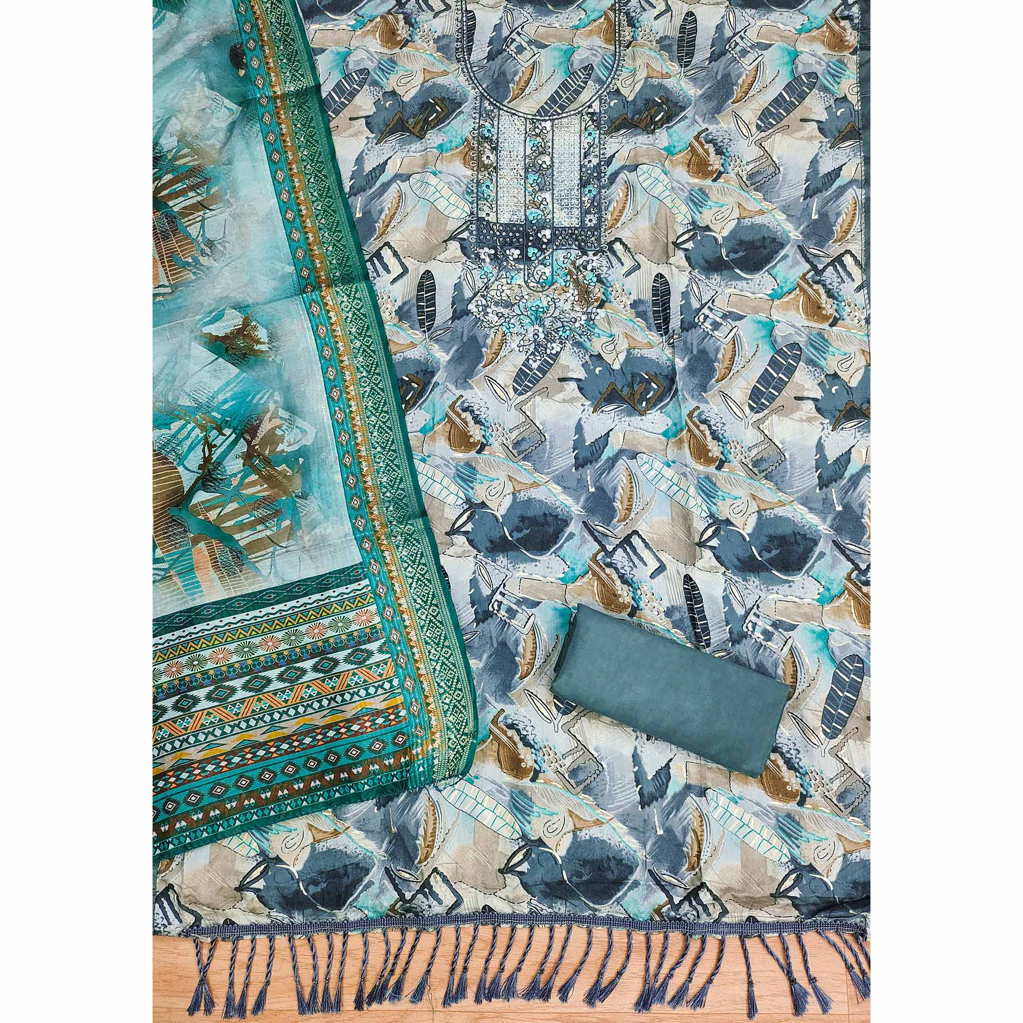 Rama Blue Floral Foil Printed With Embroidery Modal Cotton Silk Dress Material