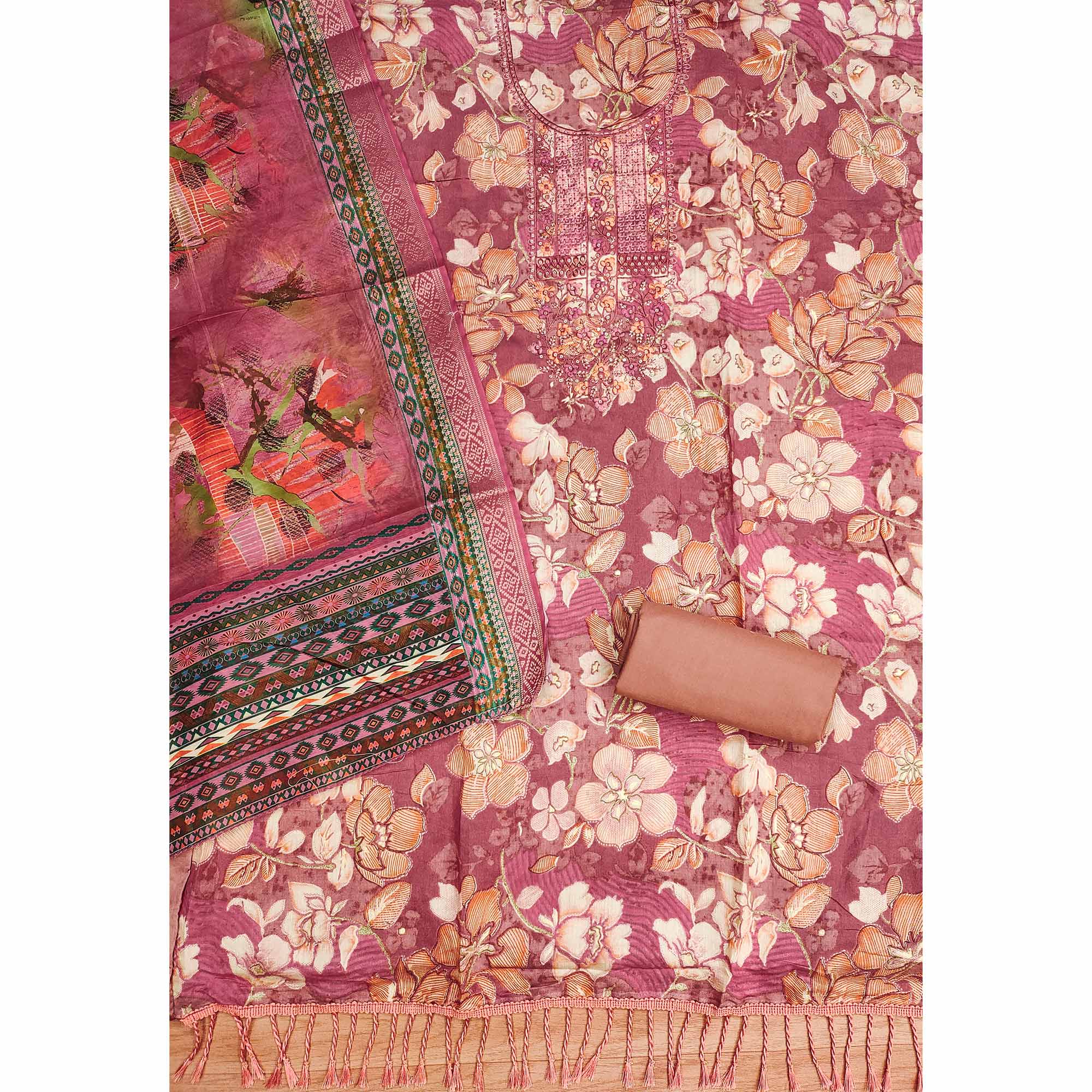 Pink Floral Foil Printed With Embroidery Modal Cotton Silk Dress Material