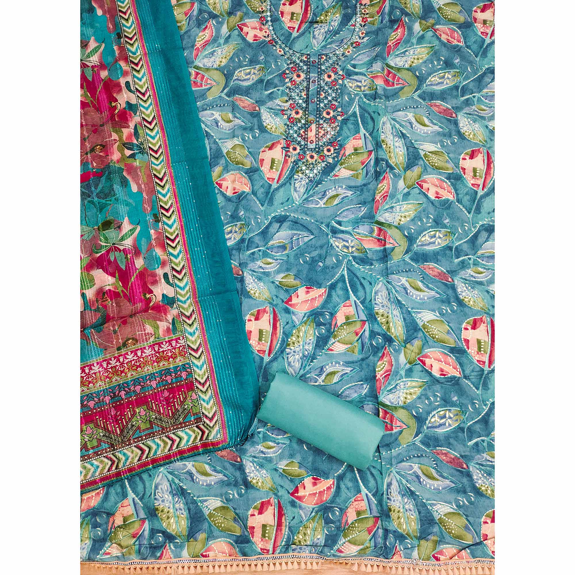 Blue Floral Foil Printed With Embroidery Modal Cotton Silk Dress Material