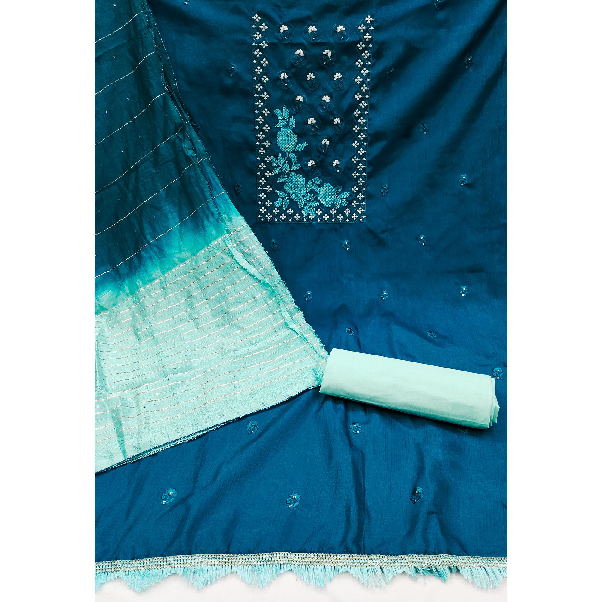 Blue Embroidered Art Silk Dress Material