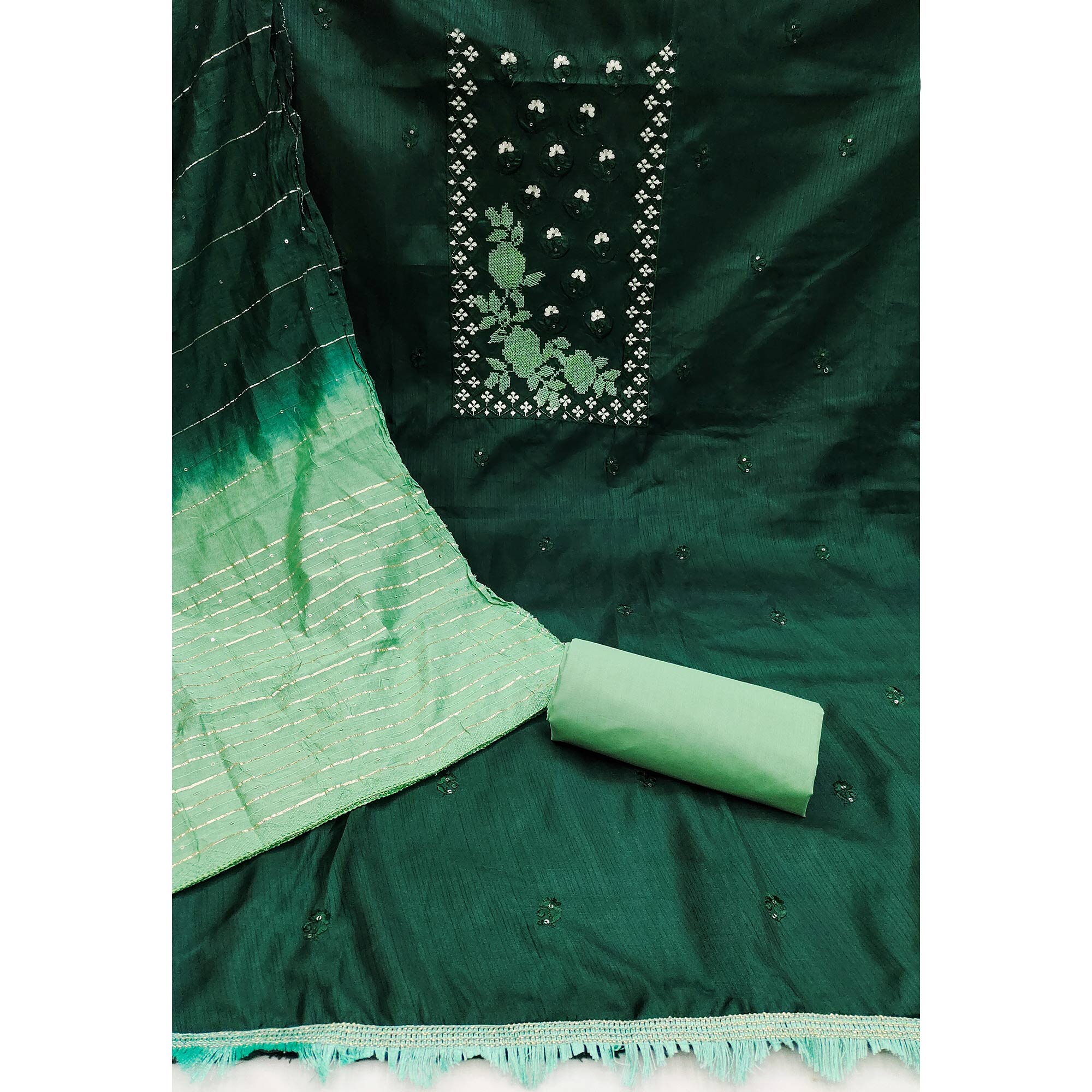 Green Embroidered Art Silk Dress Material