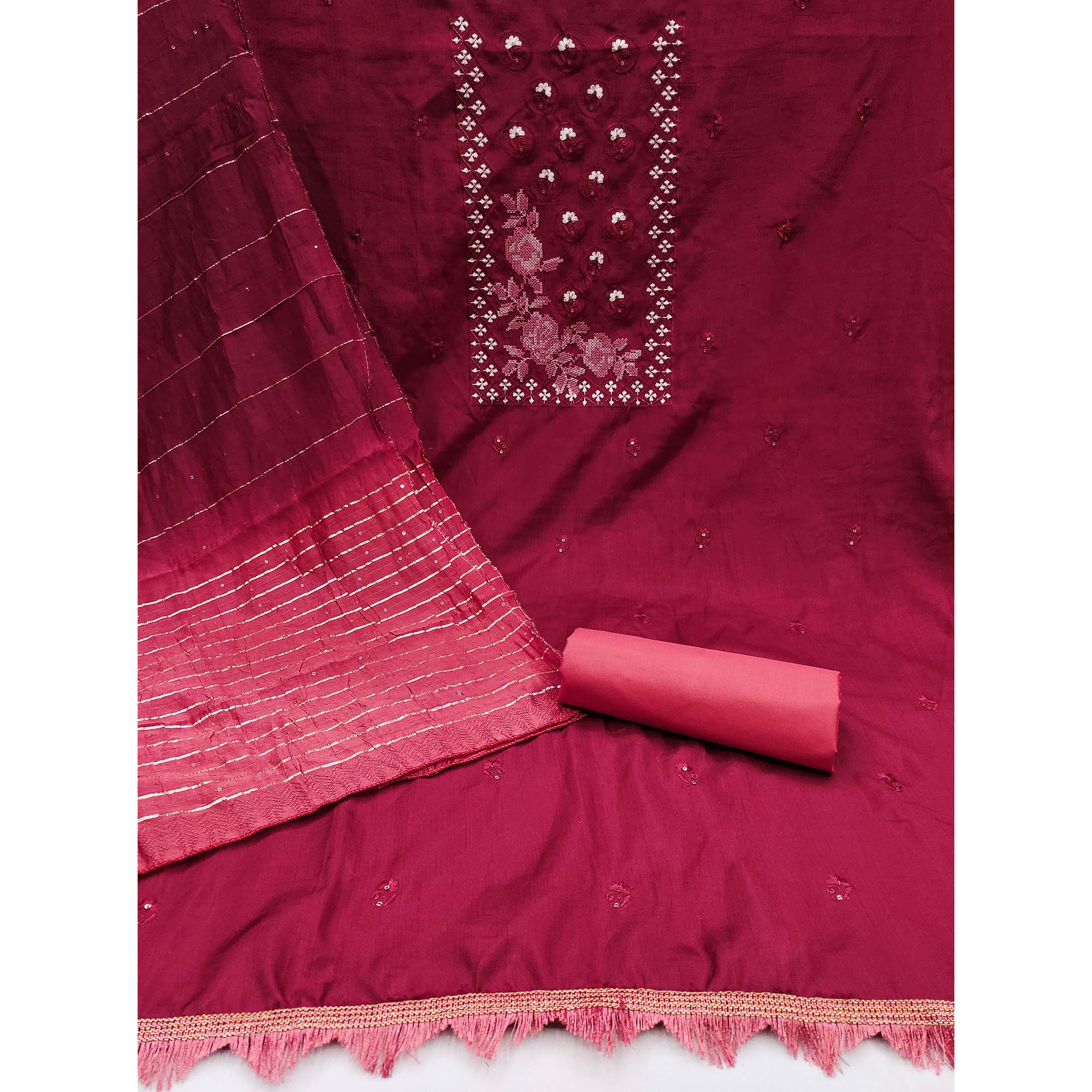 Maroon Embroidered Art Silk Dress Material