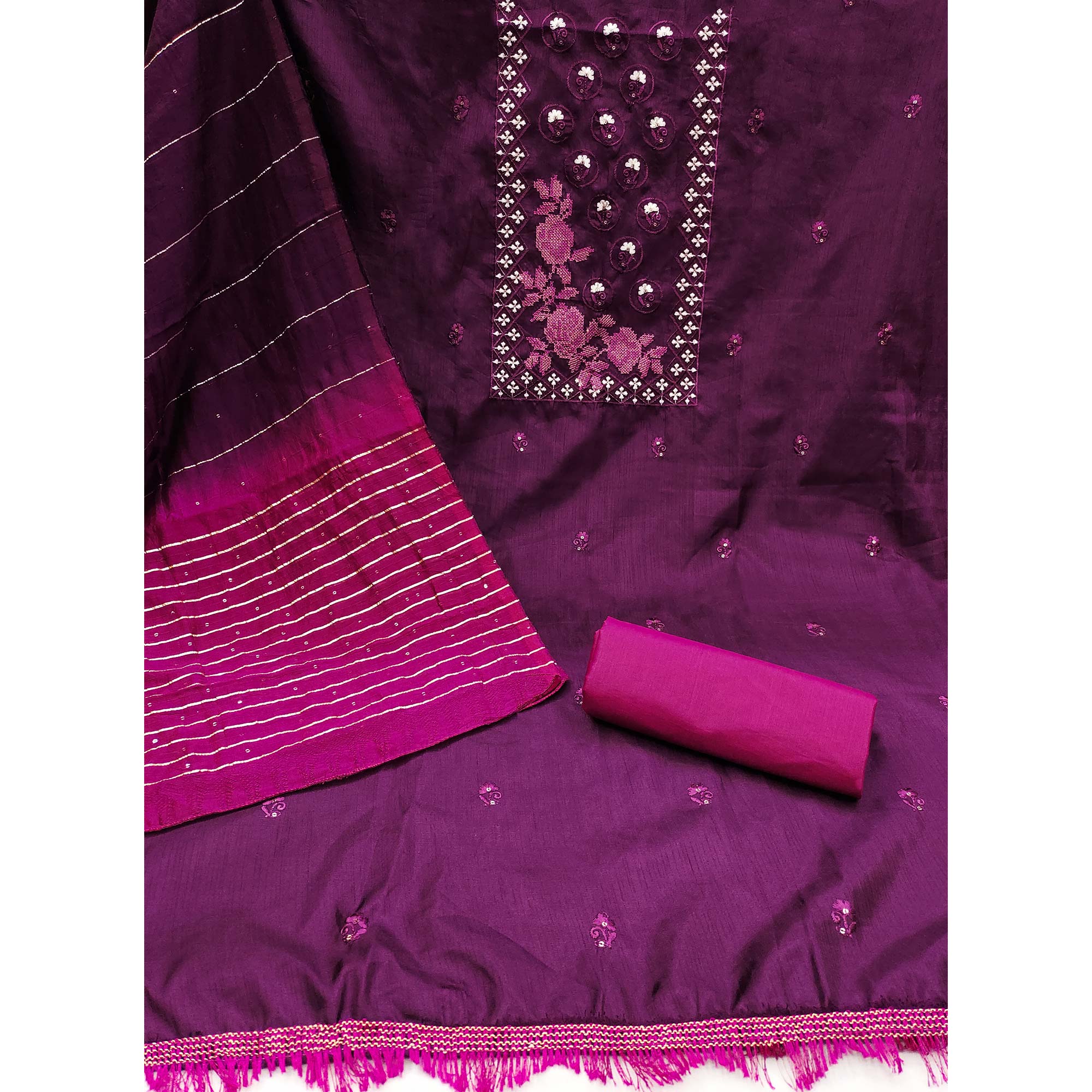 Purple Embroidered Art Silk Dress Material