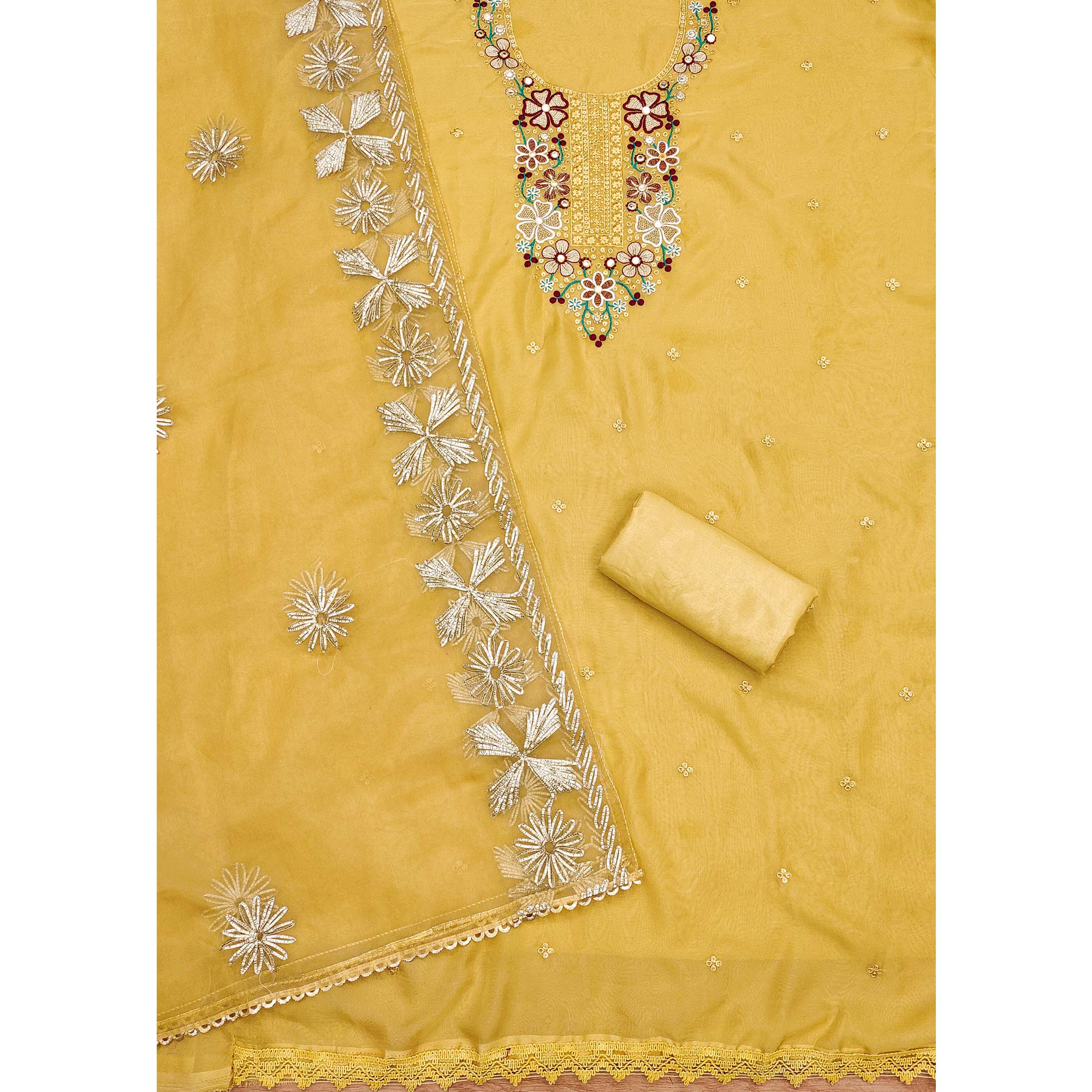 Yellow Floral Embroidered Soft Organza Dress Material