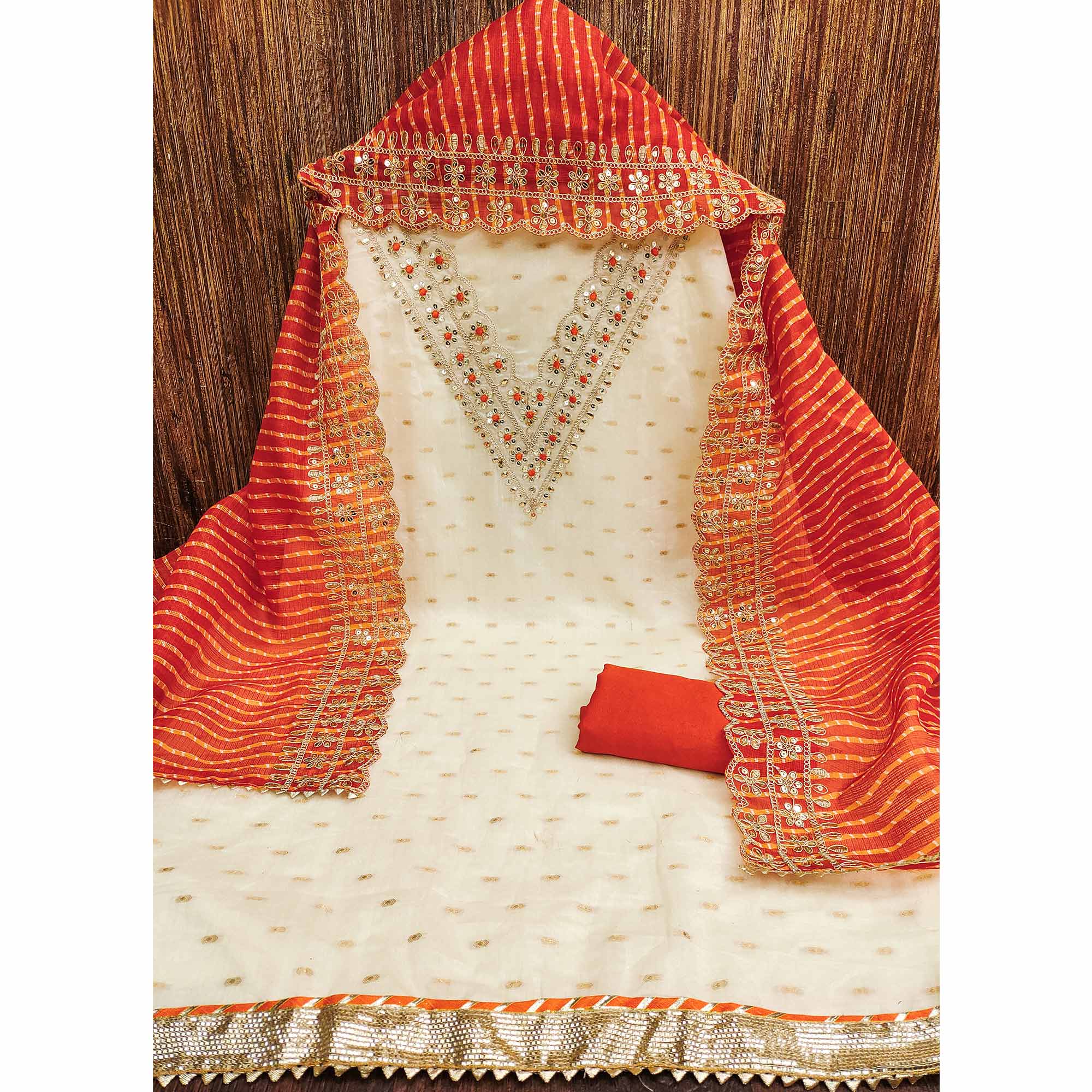 Off White & Orange Embroidered Chanderi Dress Material