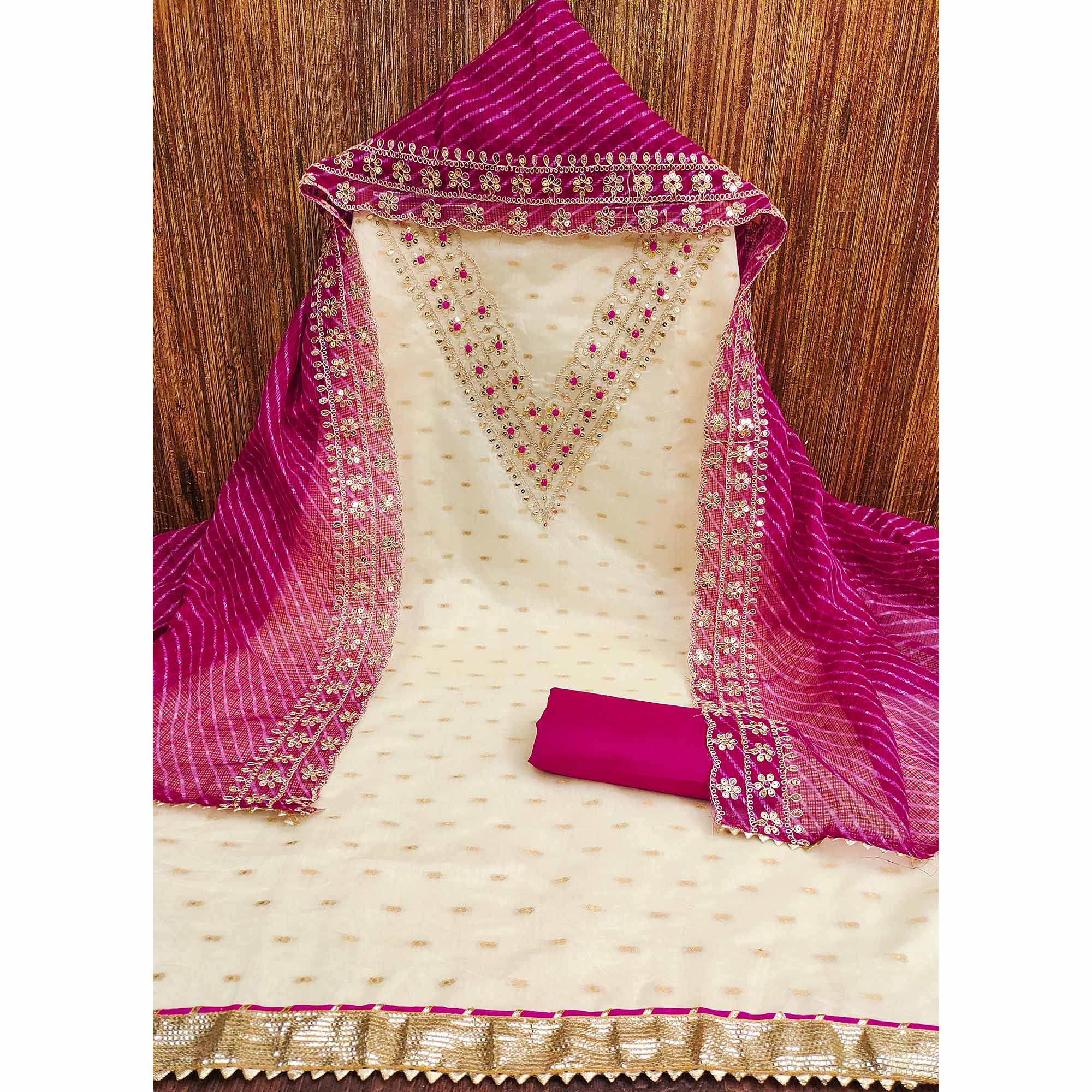 Off White & Pink Embroidered Chanderi Dress Material