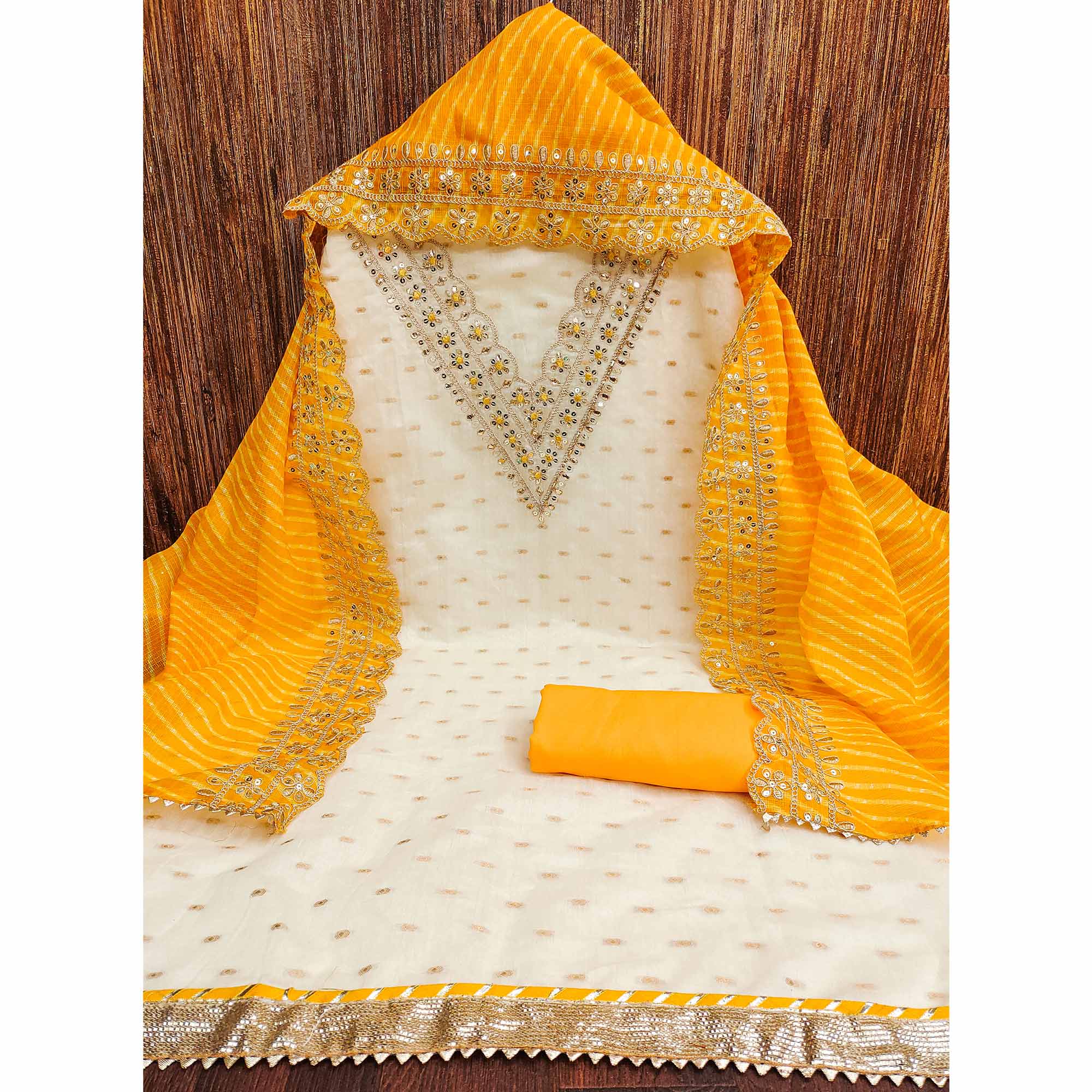 Off White & Yellow Embroidered Chanderi Dress Material