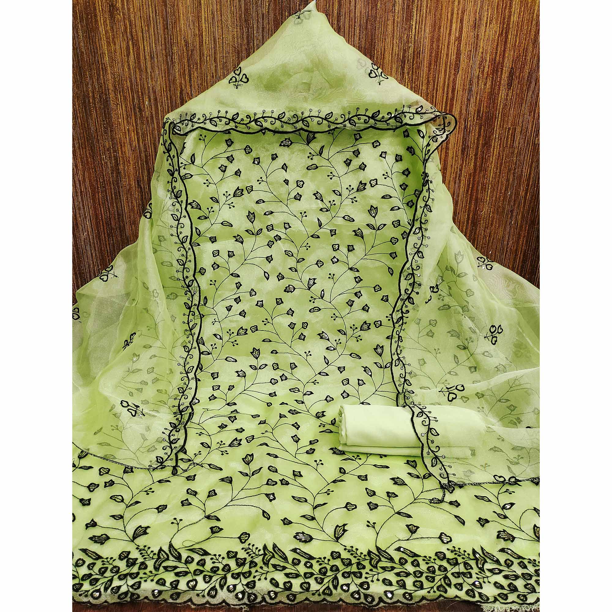 Pista Green Floral Sequins Embroidered Organza Dress Material