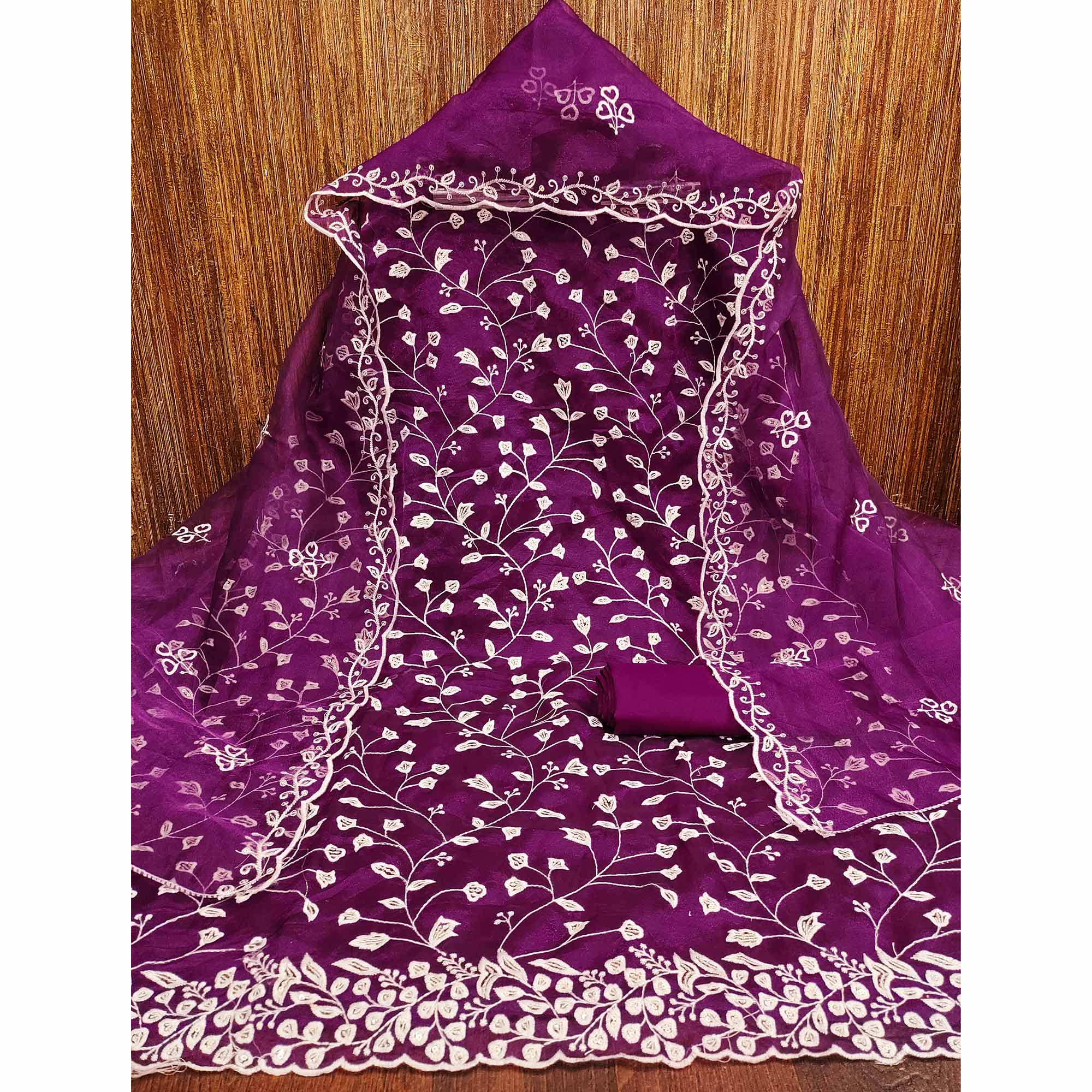 Wine Floral Sequins Embroidered Organza Dress Material