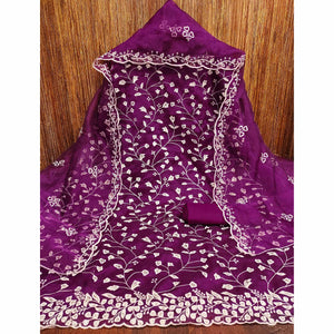 Wine Floral Sequins Embroidered Organza Dress Material
